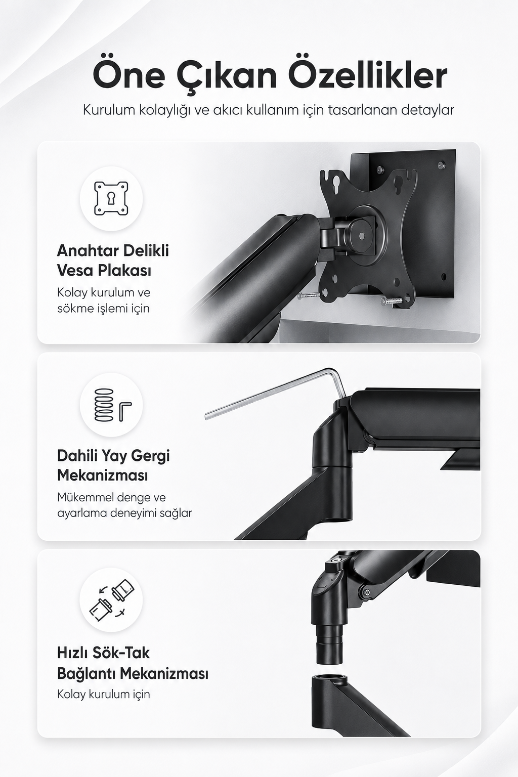 Monitör kolunun özelliklerini gösteren infografik: VESA plakası, yay gergi mekanizması ve hızlı sök-tak bağlantısı.