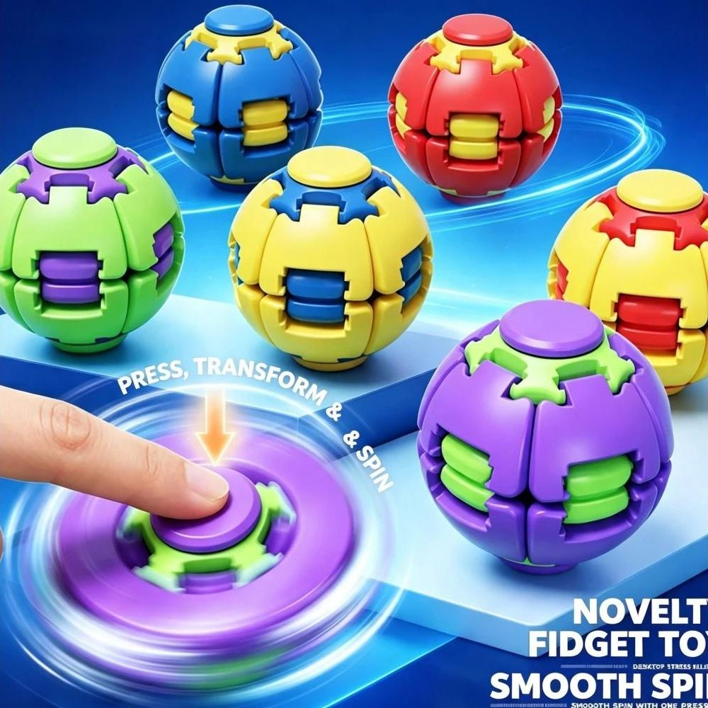 Palline puzzle colorate e un fidget spinner su sfondo blu.