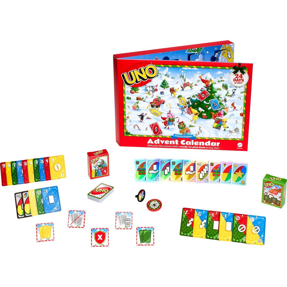 Scatola del calendario dell'avvento UNO aperta con scena invernale, carte, gettoni e mazzi mini.