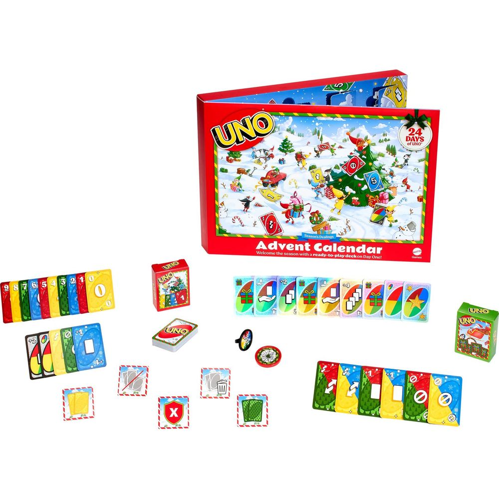 Calendario dell'avvento UNO con pannelli aperti, carte colorate e pedine su sfondo bianco.