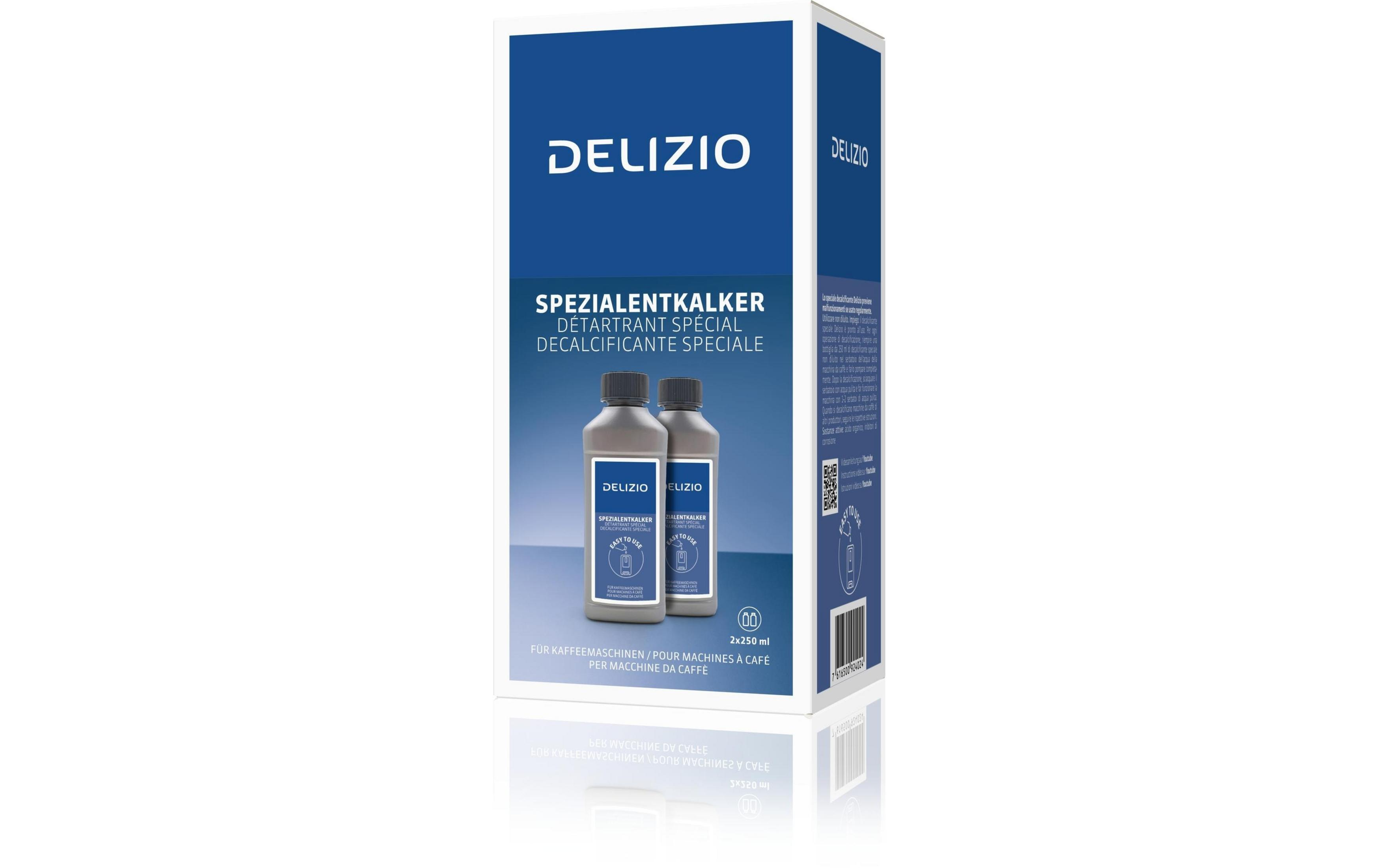 Scatola blu di decalcificante speciale Delizio con due flaconi per macchine da caffè.