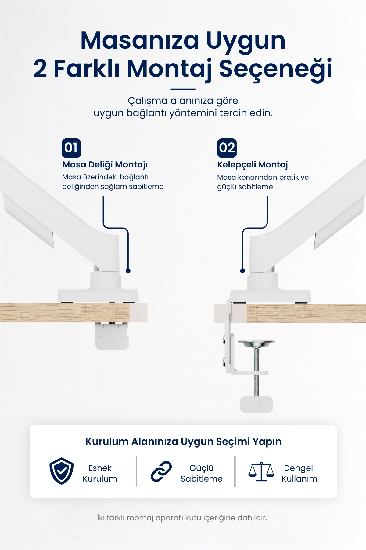 Bilgilendirme grafiği, masa deliği ve kelepçeli montaj olmak üzere esnek kurulum simgeleriyle iki seçenek gösterir.