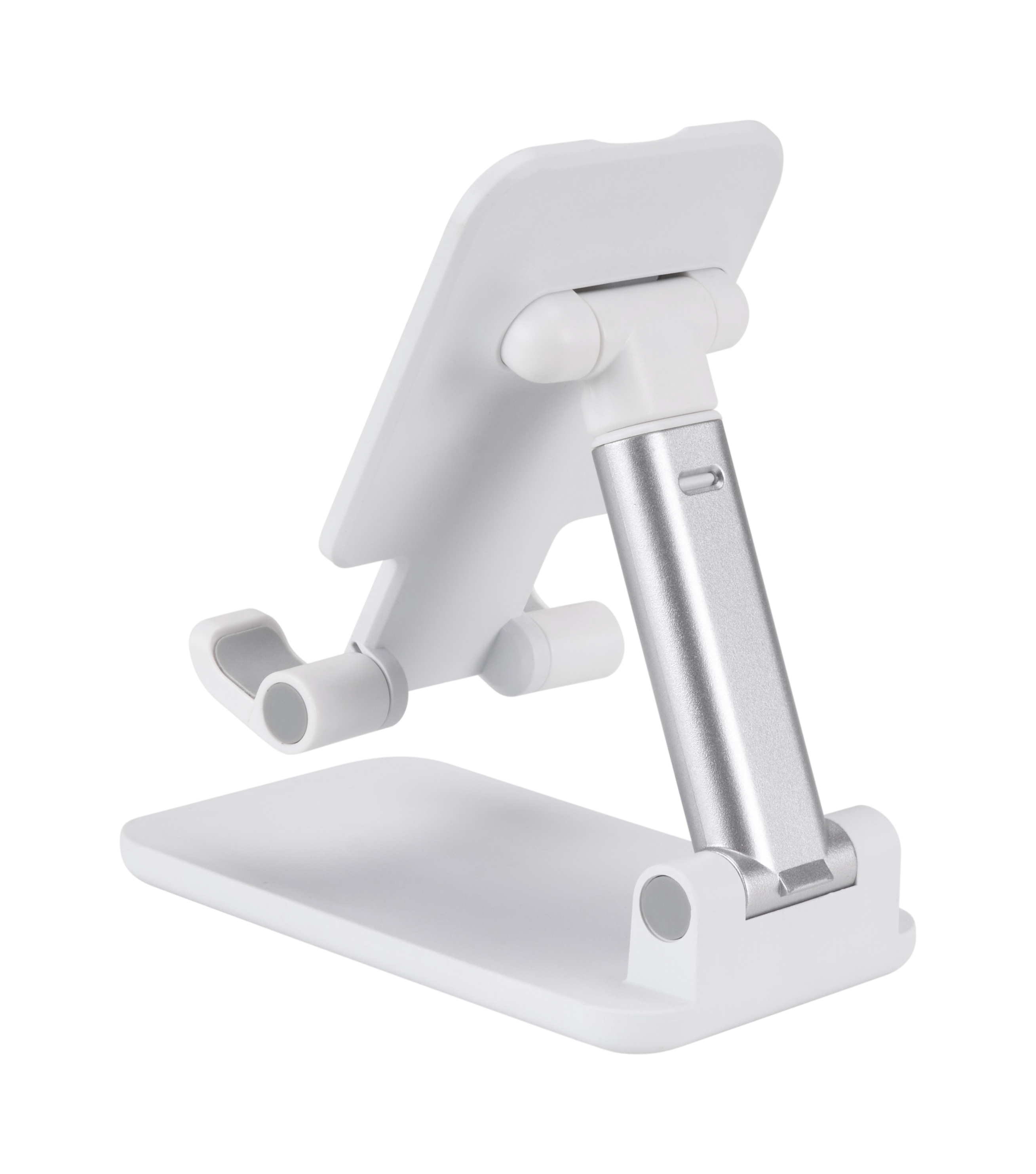 Beyaz arka planda beyaz ve gümüş renkli, ayarlanabilir telefon veya tablet standı.