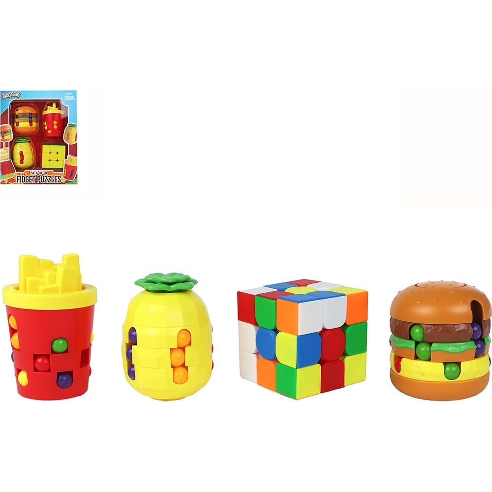 Un set di quattro puzzle antistress colorati, tra cui un bicchiere di patatine fritte, un ananas, un cubo di Rubik e un giocattolo hamburger.