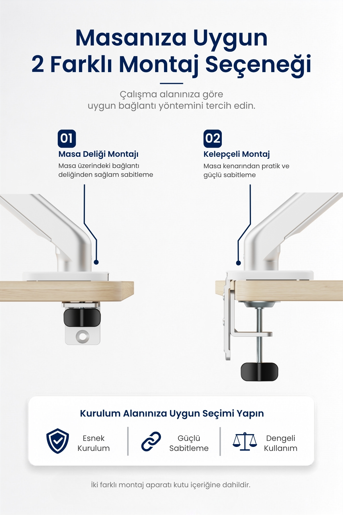 Bir masa standı için iki farklı montaj seçeneği talimatları: delikten veya kelepçeyle.