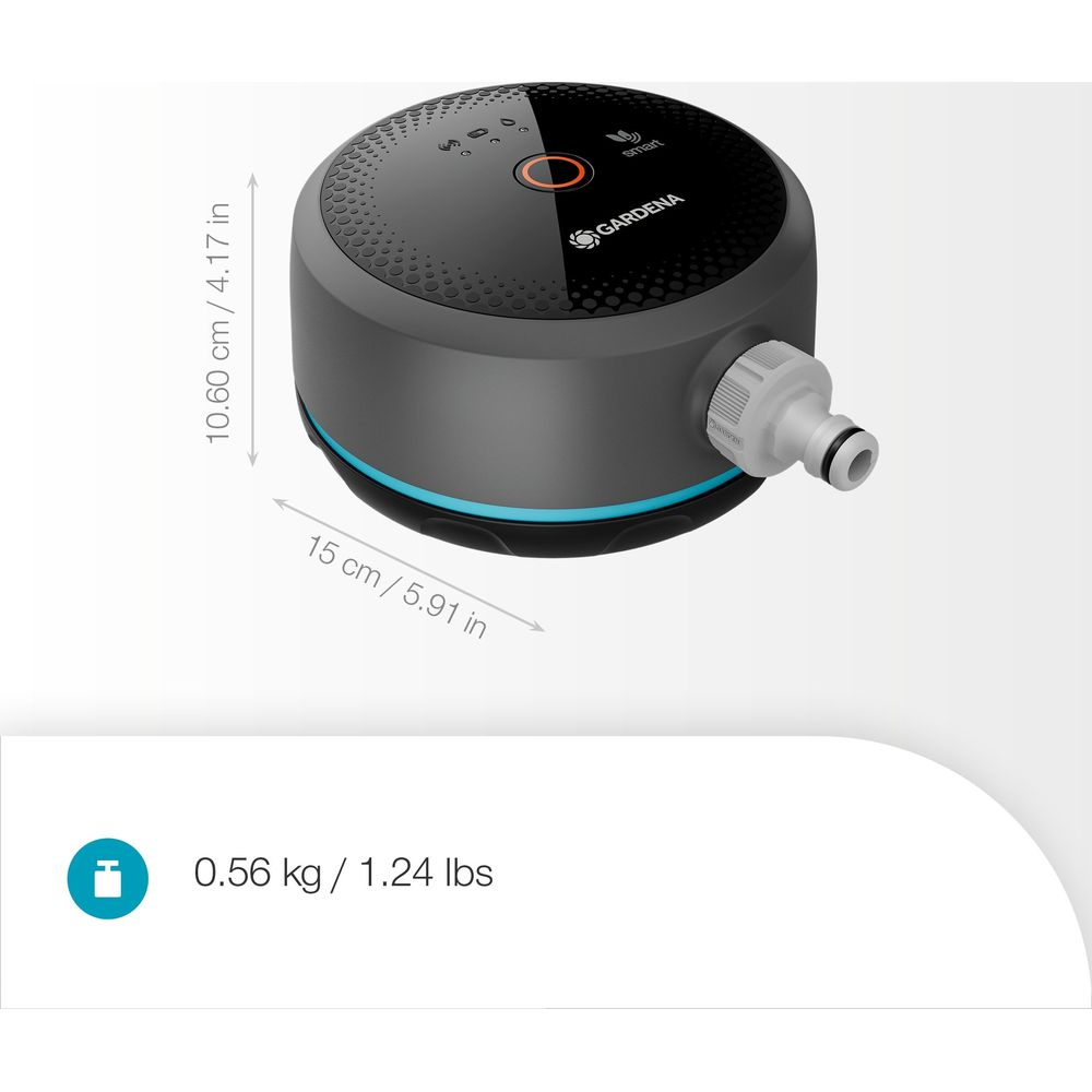 Gardena Bewässerungscomputer mit Abmessungen von 15x10,6 cm und einem Gewicht von 0,56 kg.