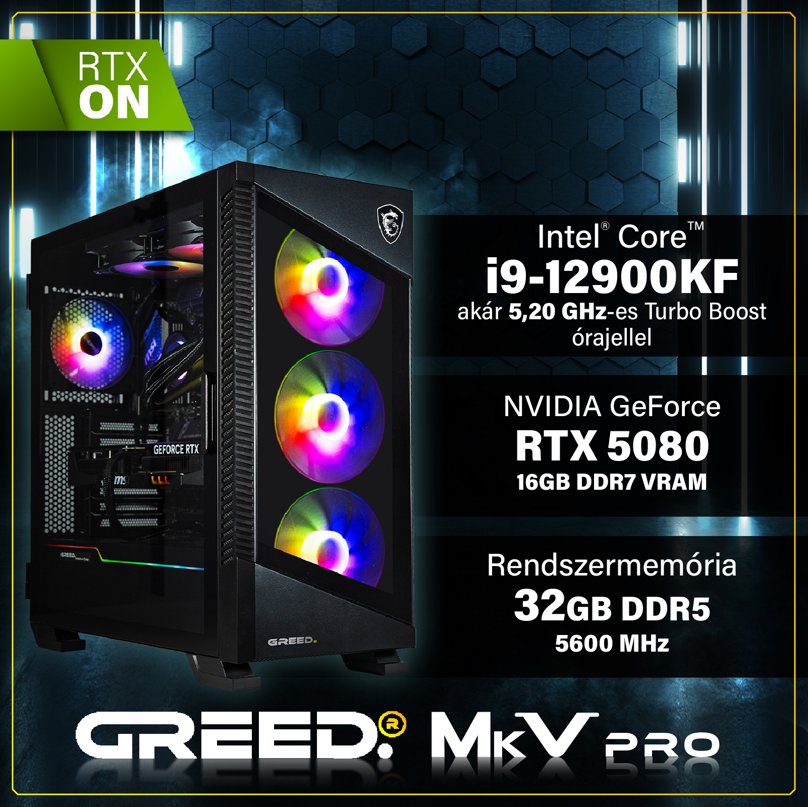 Fekete gamer PC RGB ventilátorokkal és Intel i9, RTX 5080, 32GB RAM felirattal kék háttér előtt.
