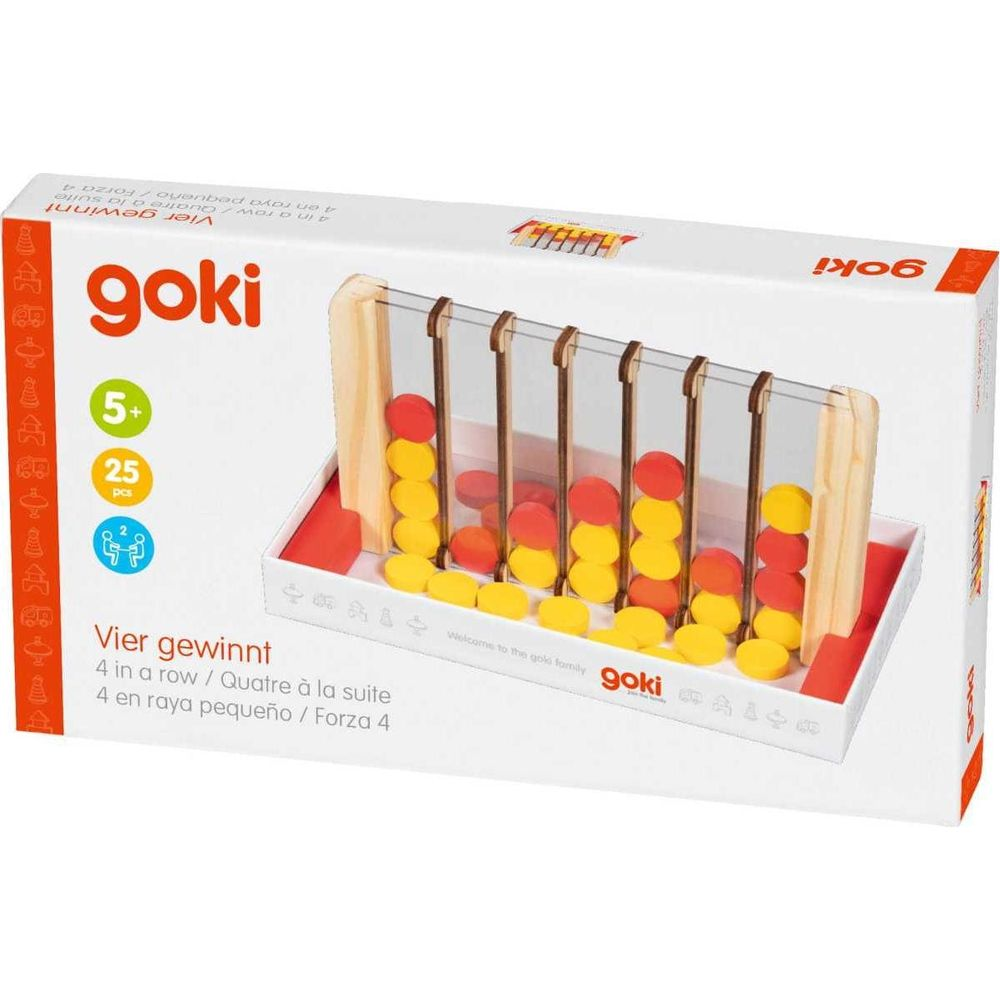 Una scatola di gioco in legno Goki Forza 4 con pedine rotonde rosse e gialle.