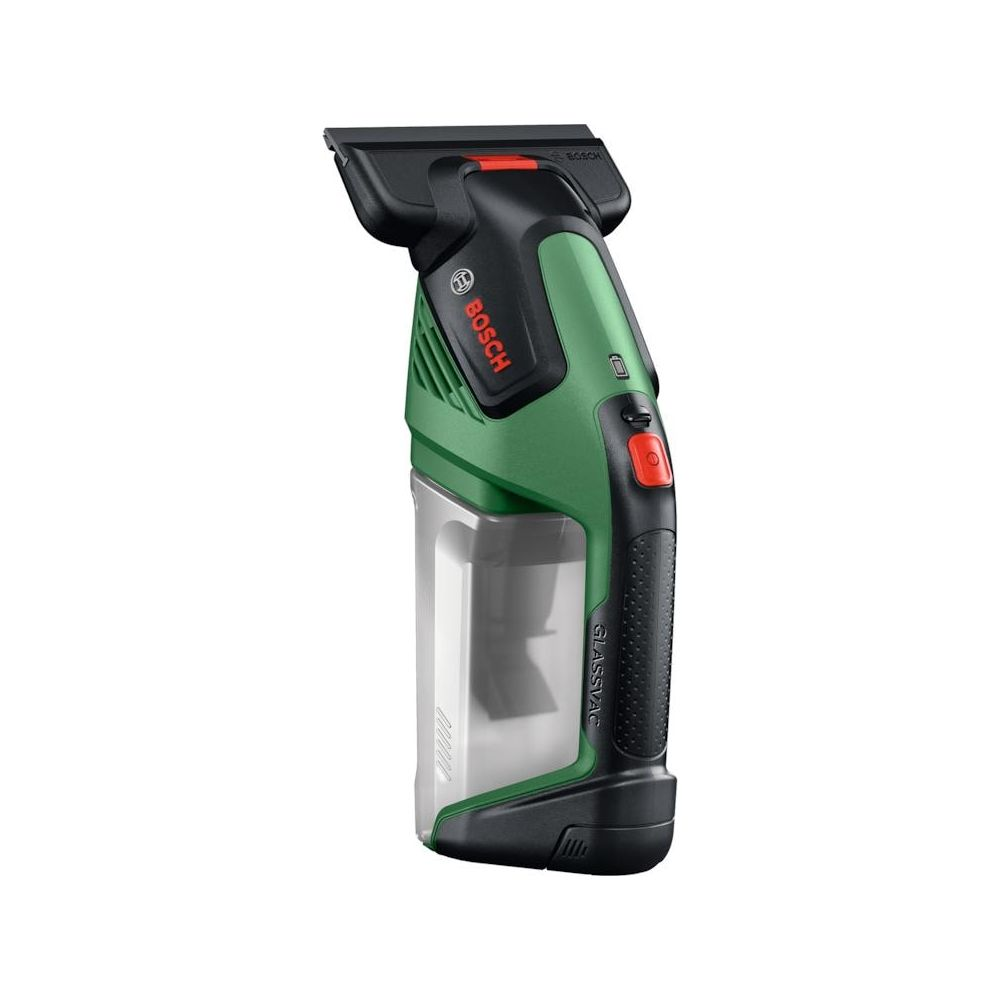 Ein grüner Bosch GlassVac Akku-Fenstersauger mit schwarzem Griff und Wassertank vor weißem Hintergrund.