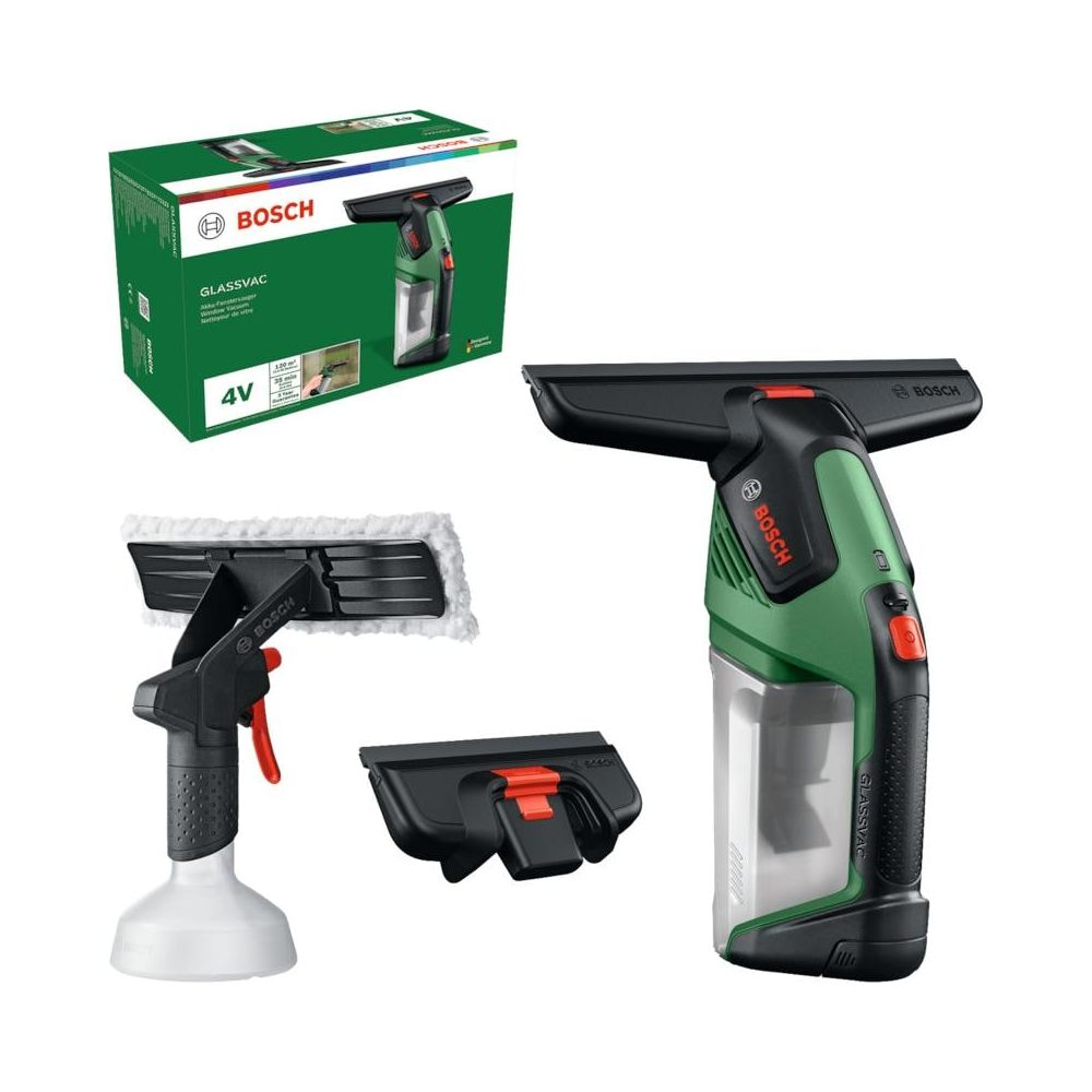 Bosch Akku-Fenstersauger mit Sprühflasche, kleinerem Aufsatz und Verpackungskarton auf weißem Hintergrund.