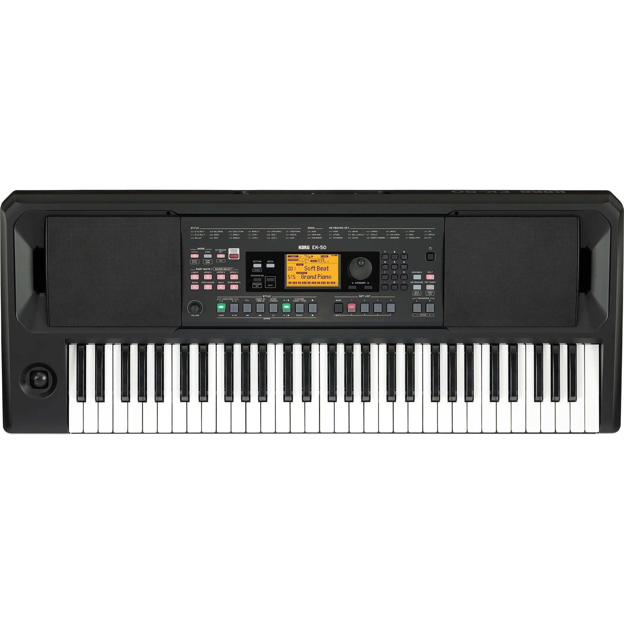 Czarny keyboard elektroniczny Korg EK-50 z głośnikami, centralnym wyświetlaczem cyfrowym, przyciskami i kołem pitch bend.