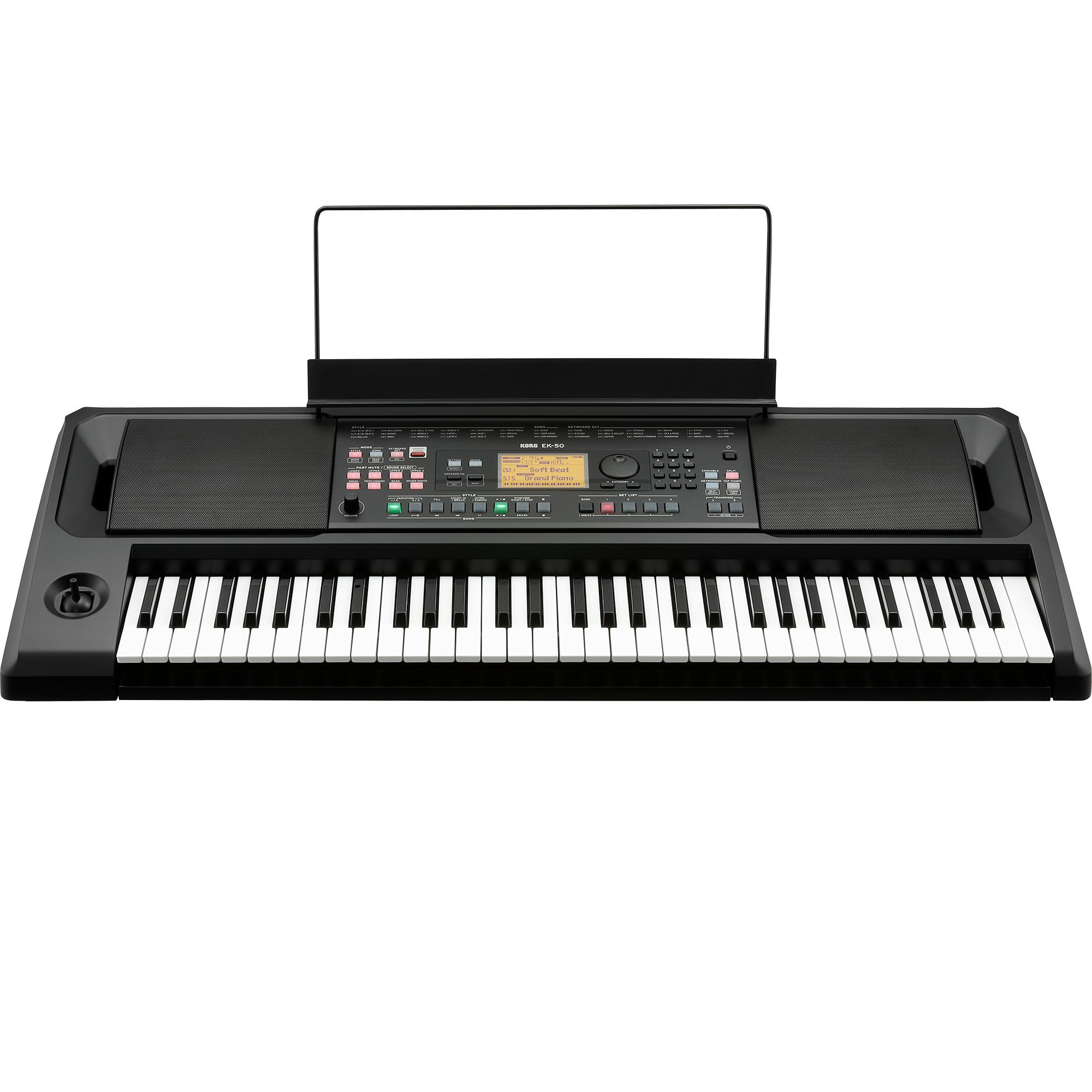 Czarny keyboard elektroniczny z wbudowanymi głośnikami, klawiszami i centralnym wyświetlaczem.