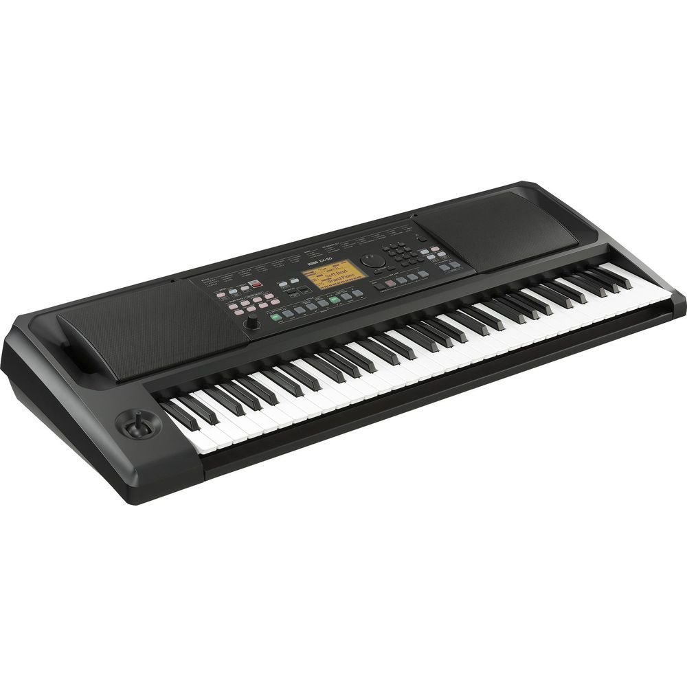 Czarny keyboard elektroniczny z wbudowanymi głośnikami, klawiszami i centralnym ekranem.