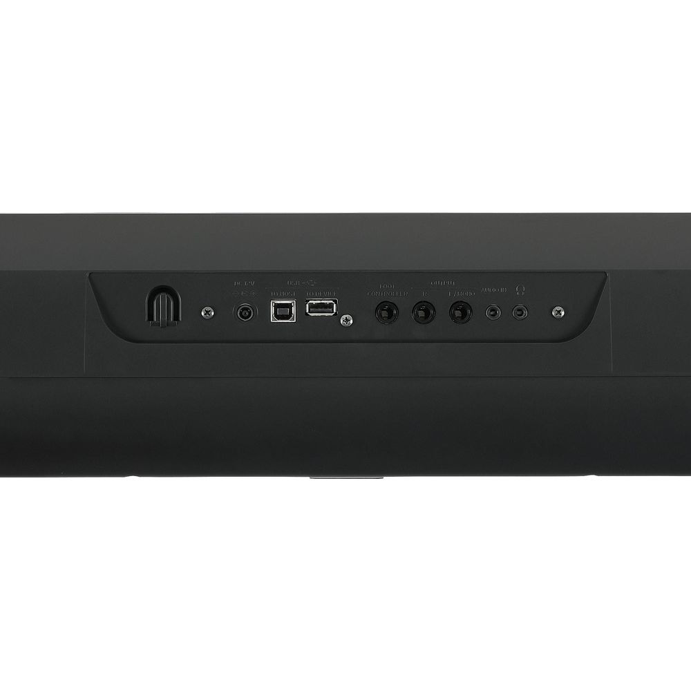 Tylny panel czarnego urządzenia audio z portami USB, gniazdami audio i wejściem zasilania.