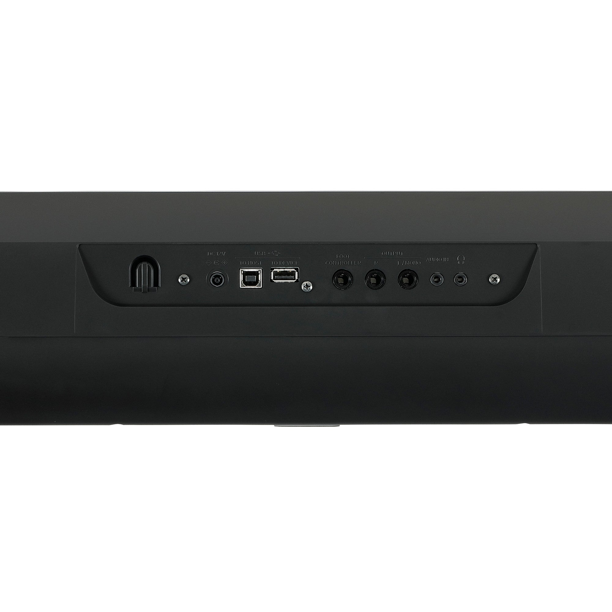 Tylny panel czarnego urządzenia elektronicznego z różnymi portami, w tym USB i audio.