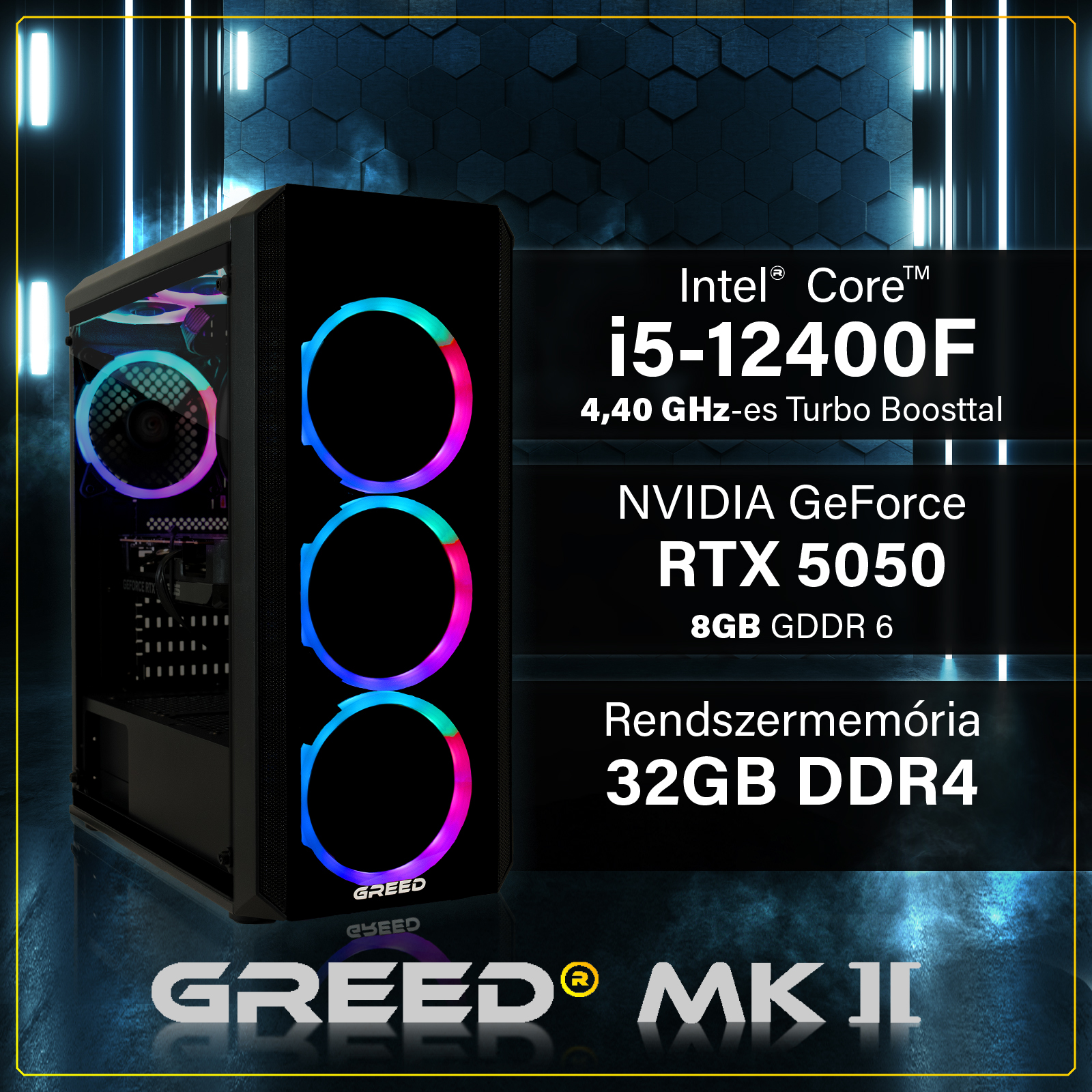 Egy világító gamer PC RGB ventilátorokkal, i5-12400F, RTX 5050 és 32GB RAM specifikációval kék háttér előtt.