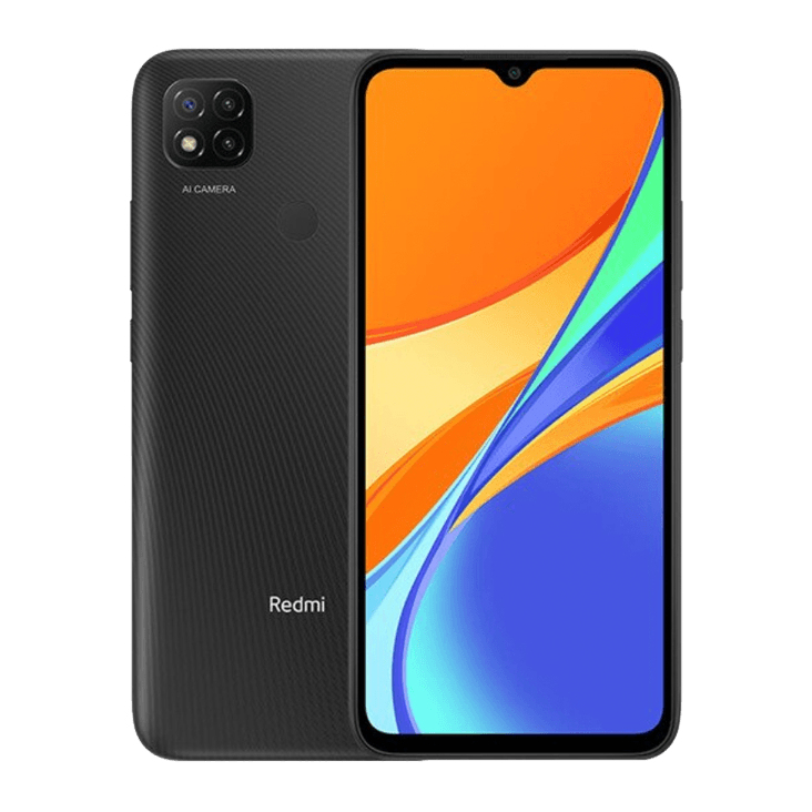 Schwarzes Redmi-Smartphone mit gerillter Rückseite, Dual-Kamera und buntem Display auf weißem Hintergrund.