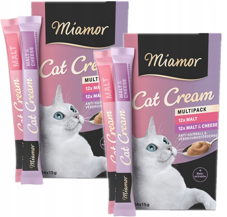 Zwei Miamor Cat Cream Multipack Schachteln mit vier einzelnen Creme-Sticks in Rosa und Lila.