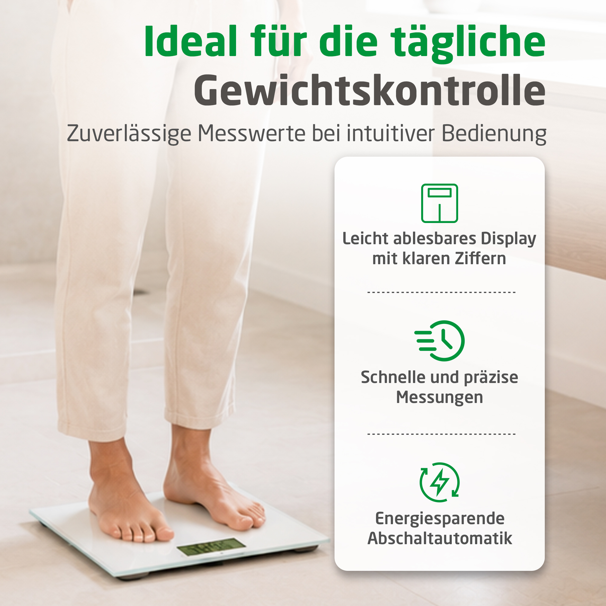 Person steht auf einer Personenwaage neben Werbetext und Icons für Display, Messung und Abschaltautomatik.