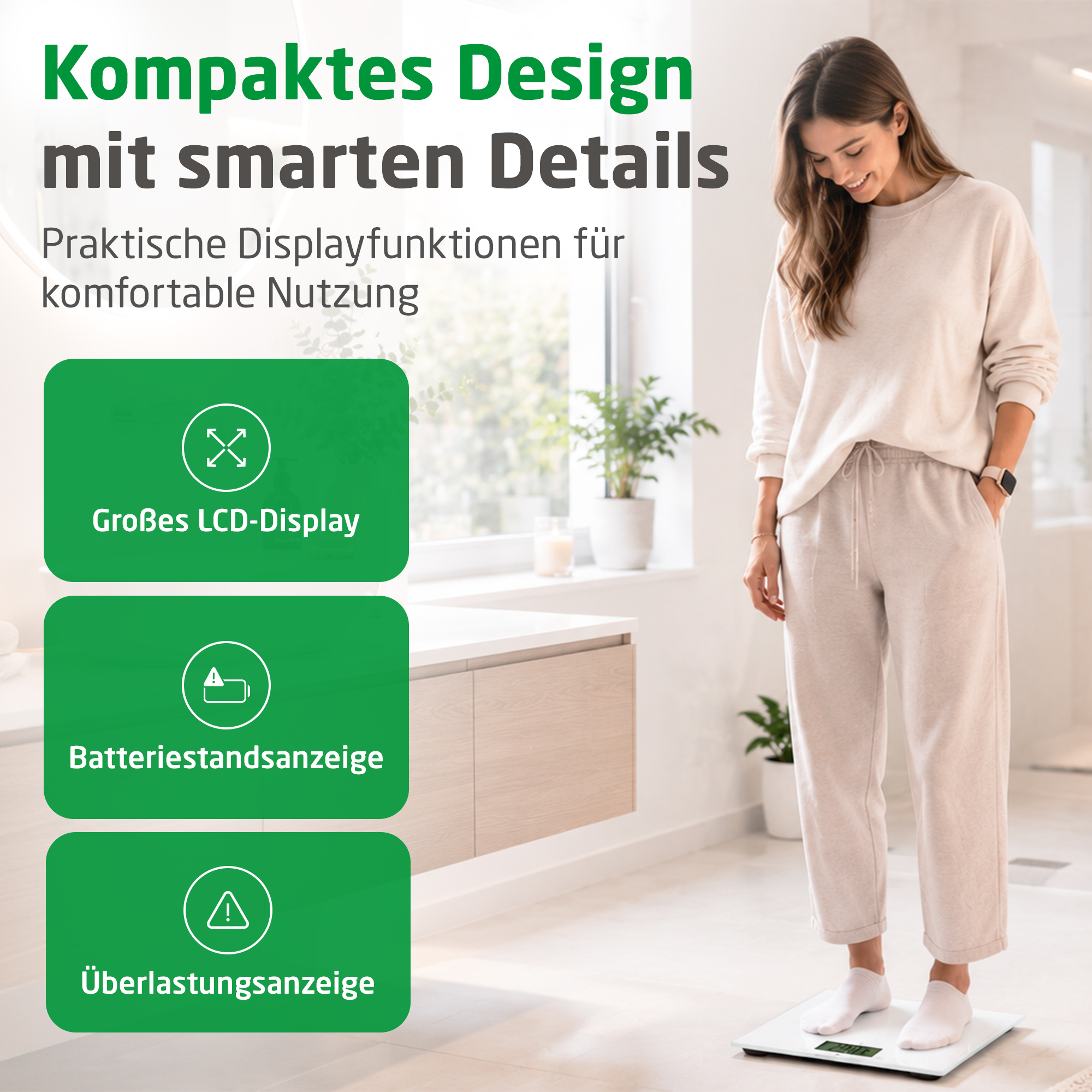 Eine Frau steht auf einer Digitalwaage im Badezimmer, flankiert von grünen Produktinfoboxen.