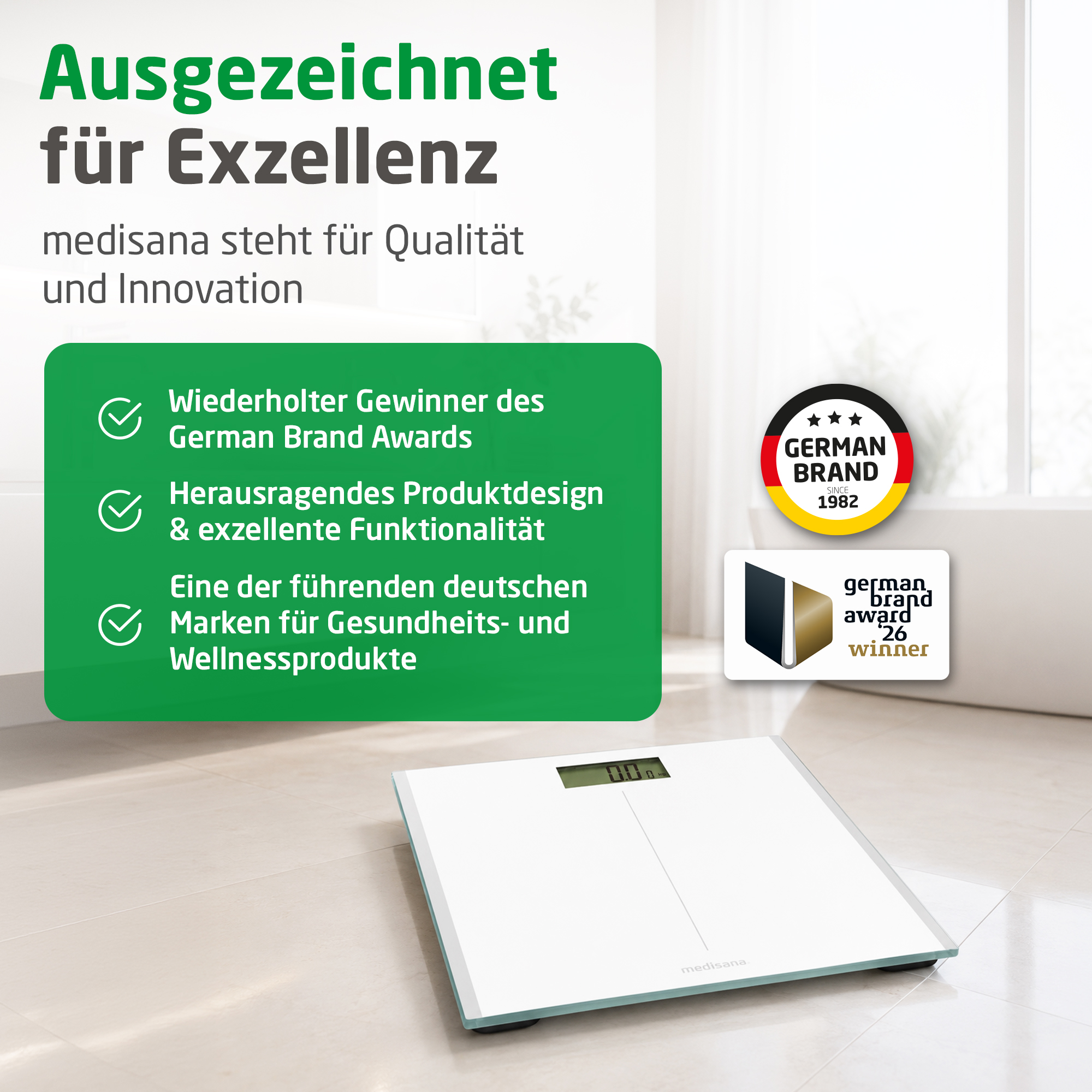 Weiße Medisana-Personenwaage auf hellem Fliesenboden mit deutschen Auszeichnungstexten.