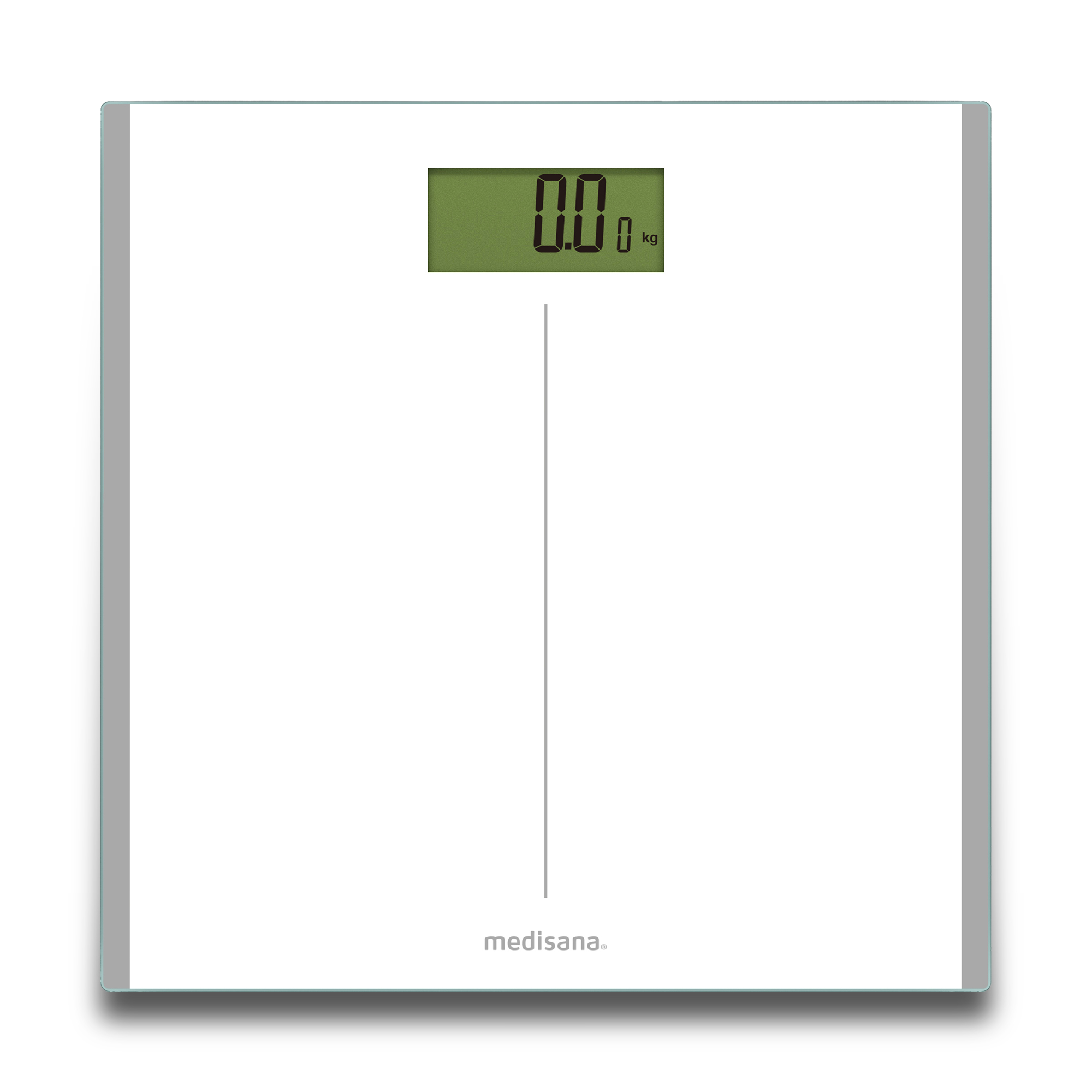 Eine weiße digitale Personenwaage mit grünem LCD-Bildschirm zeigt 0,0 kg und dem Medisana-Logo.