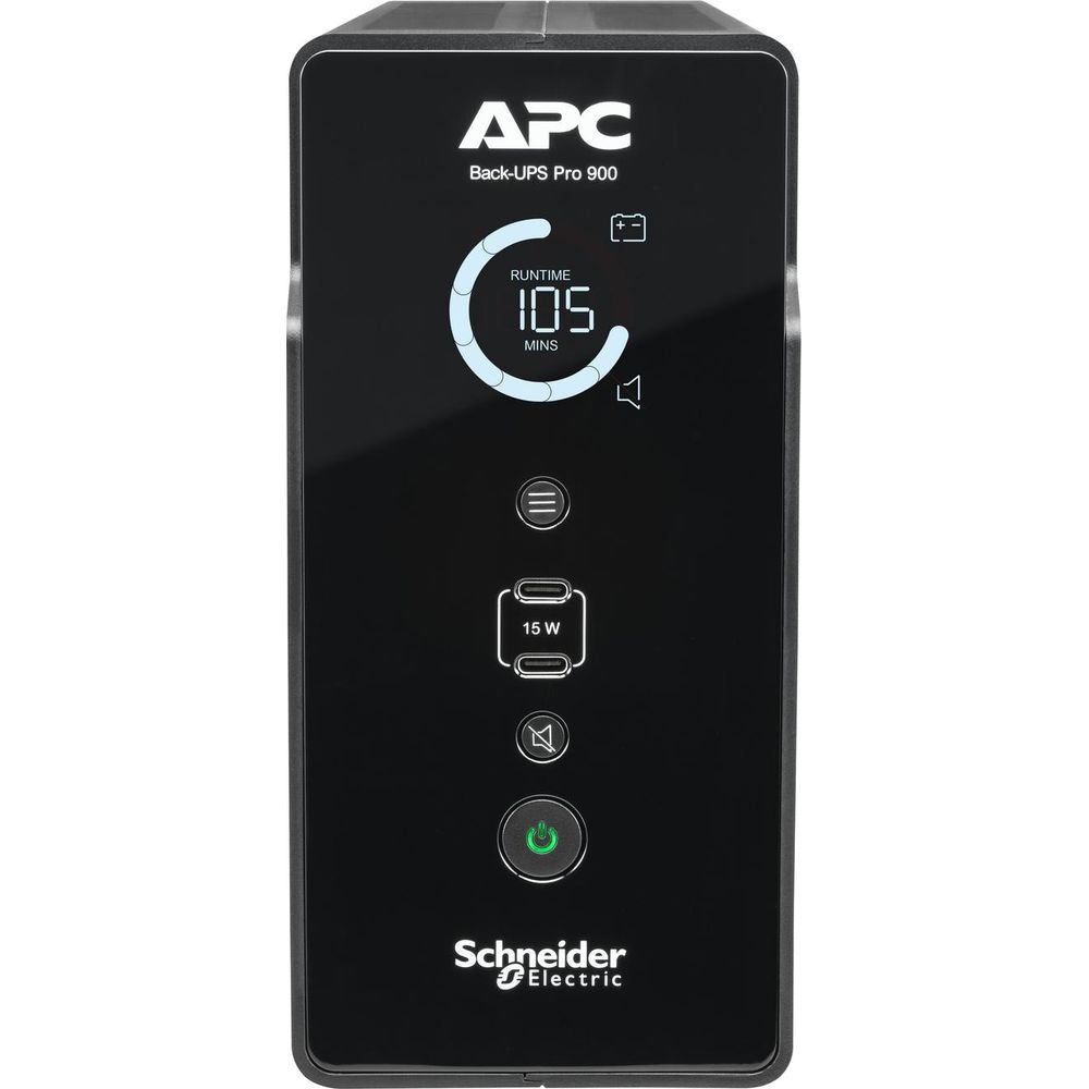 Vorderansicht einer APC Back-UPS Pro 900 mit Digitaldisplay, 105 Minuten Laufzeit und grünem Ein-/Ausschalter.