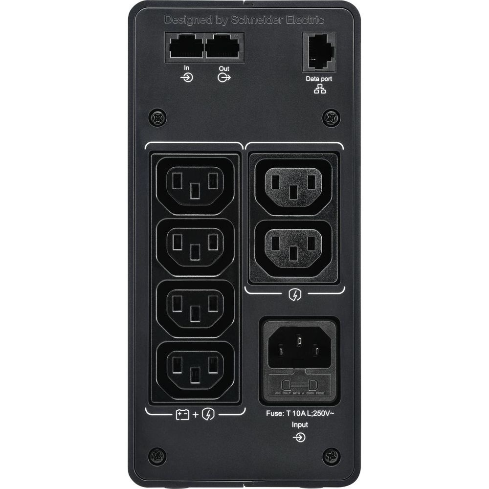 Schwarze Rückseite einer Schneider Electric USV mit mehreren Steckdosen, Datenports und Sicherungsdetails.