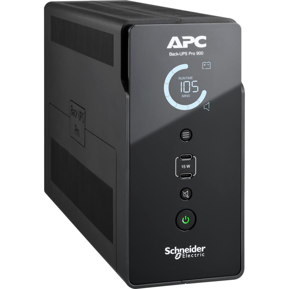 Ein schwarzer APC Back-UPS Pro 900 mit LCD-Bildschirm und USB-Anschlüssen auf der Vorderseite.