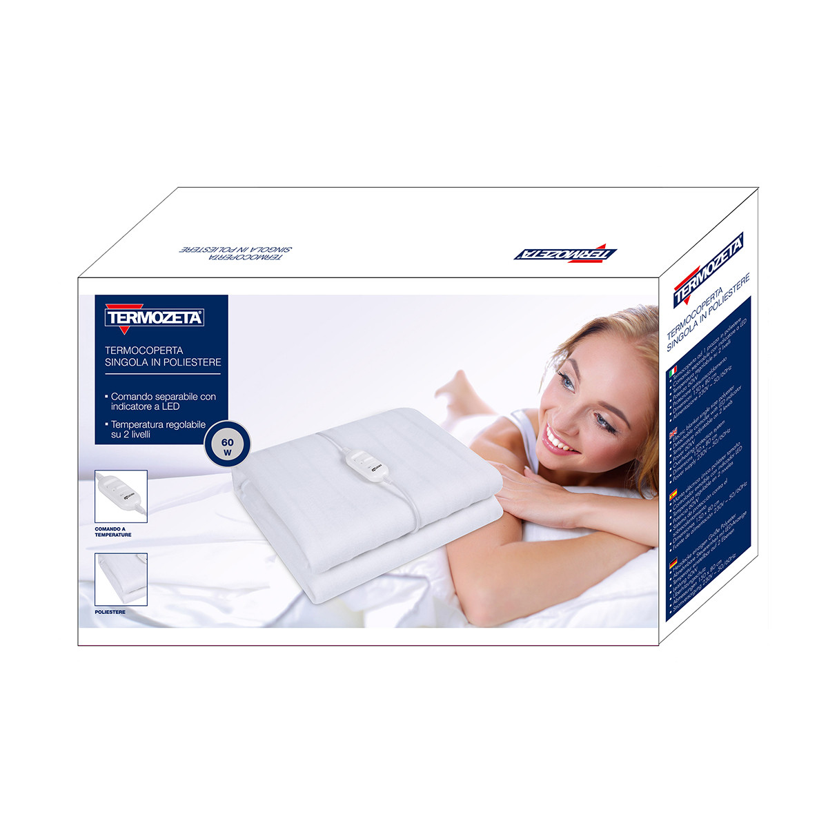 Produktverpackung einer Termozeta Heizdecke mit Bild einer lächelnden Frau und der gefalteten Decke.