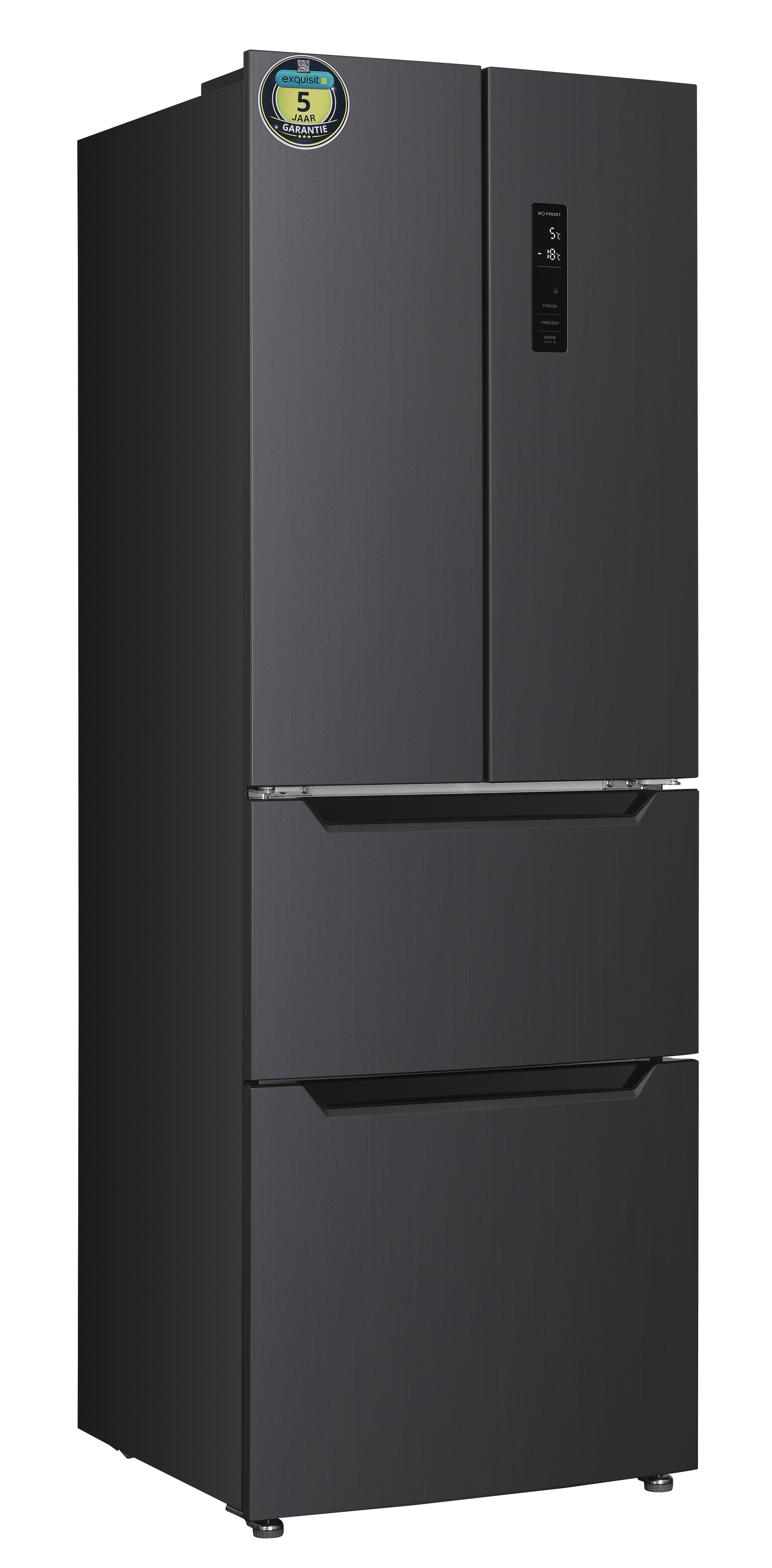 Modern black fridge-freezer combination with two upper doors and two lower drawers.