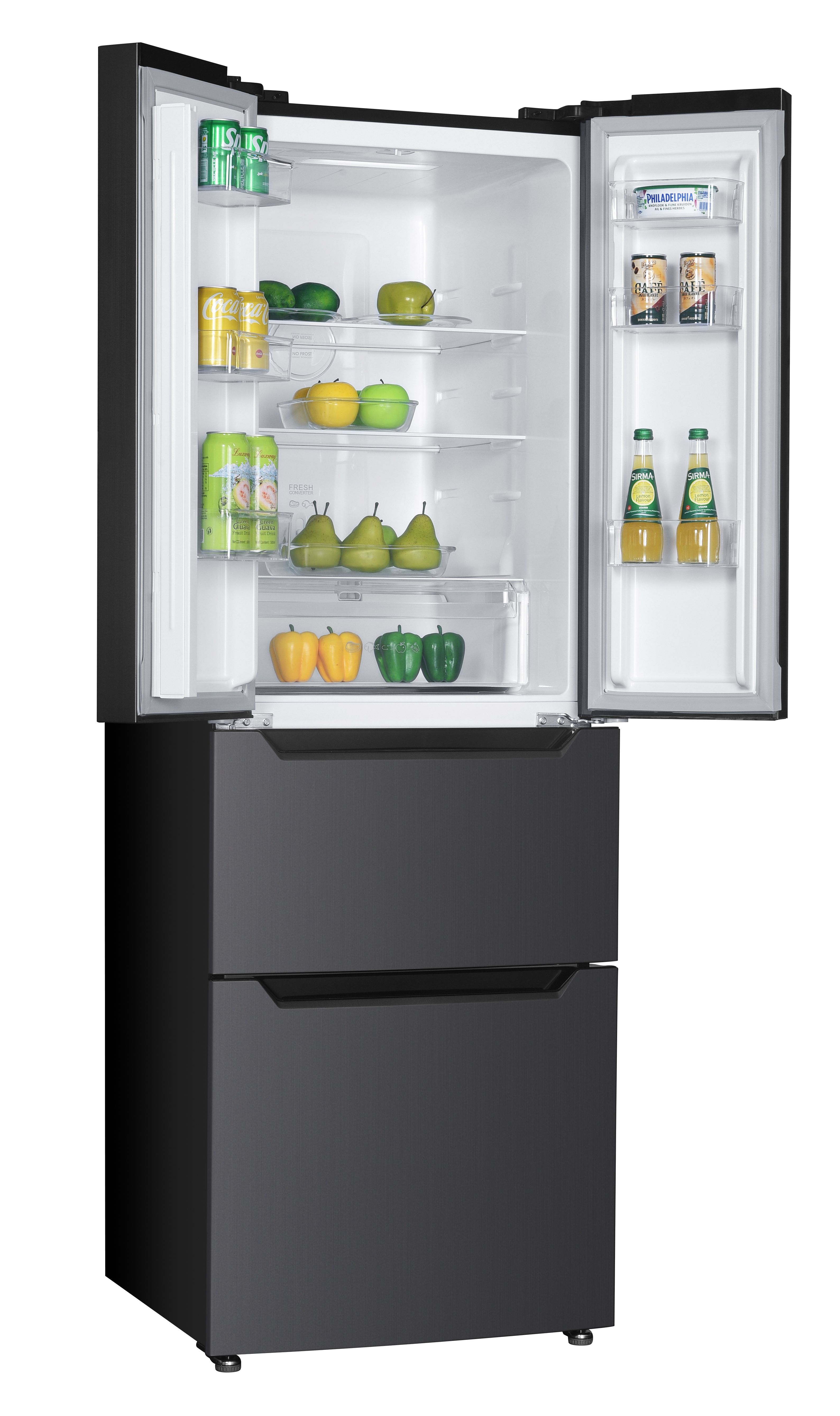 An open black refrigerator with shelves filled with drinks, fruits, and vegetables.