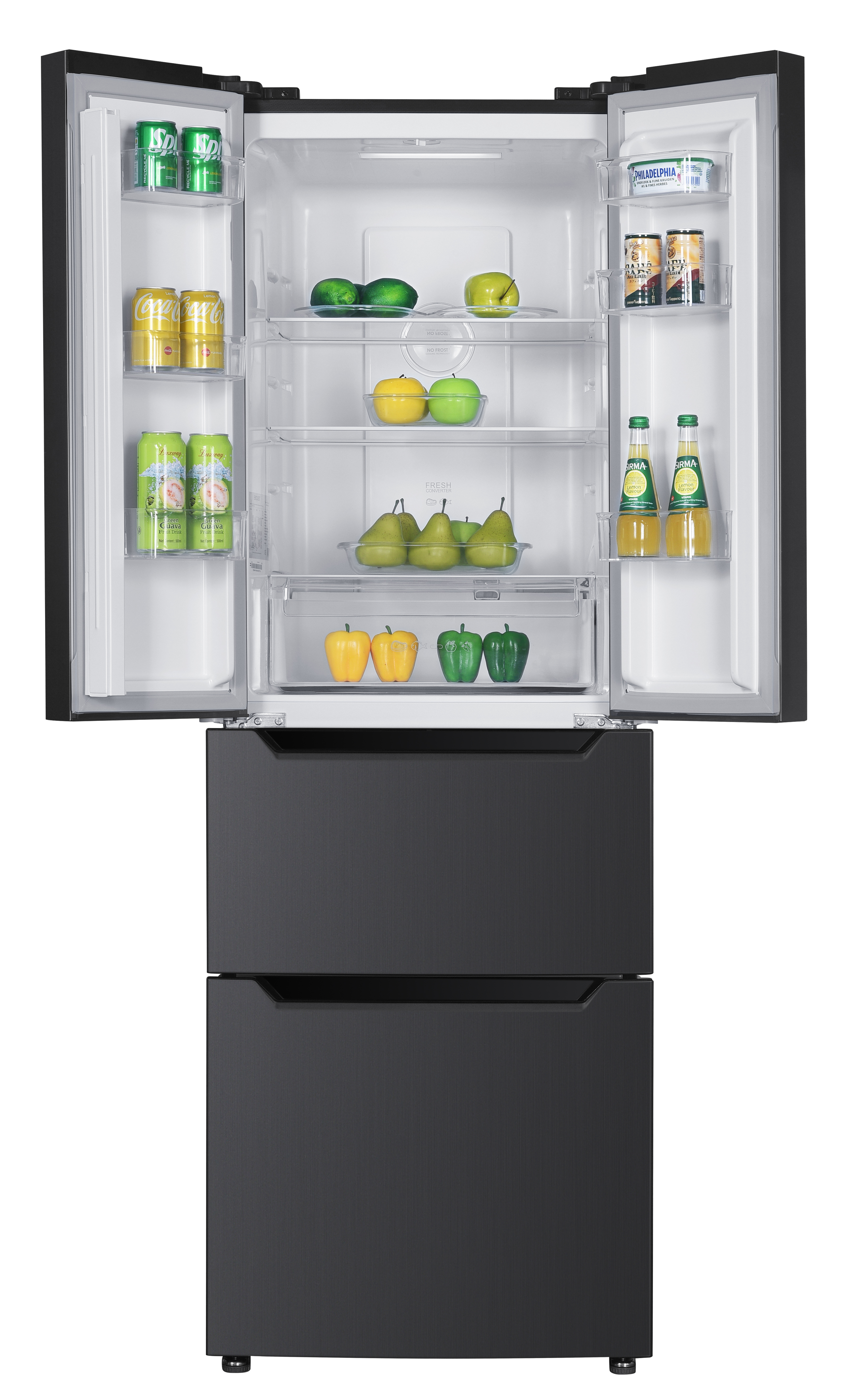 An open black refrigerator filled with fresh fruits and beverages on its shelves.