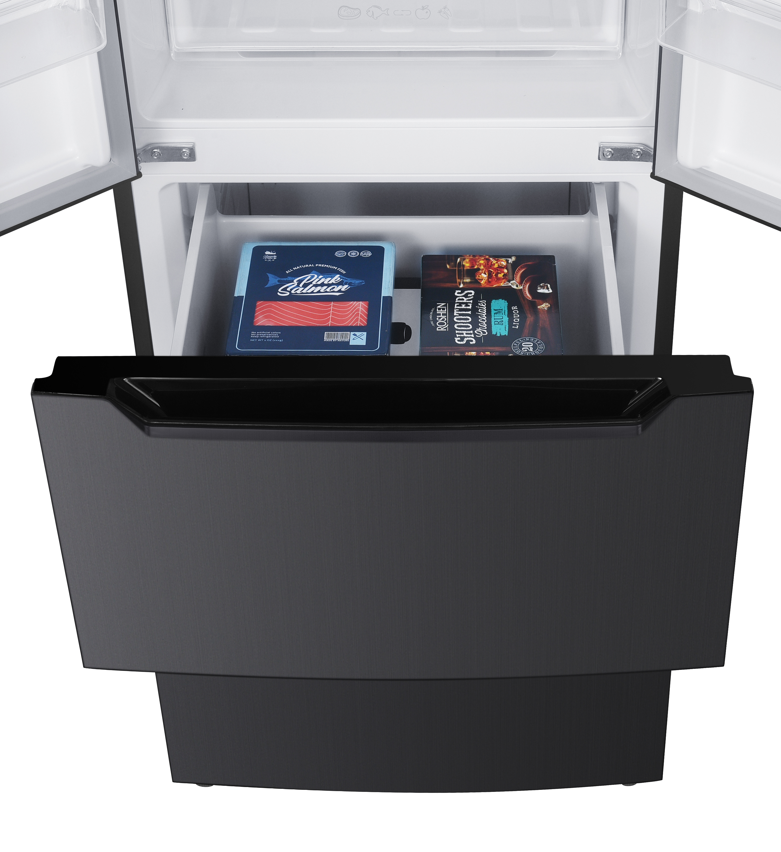An open black refrigerator drawer holds a box of pink salmon and a box of rum chocolates.