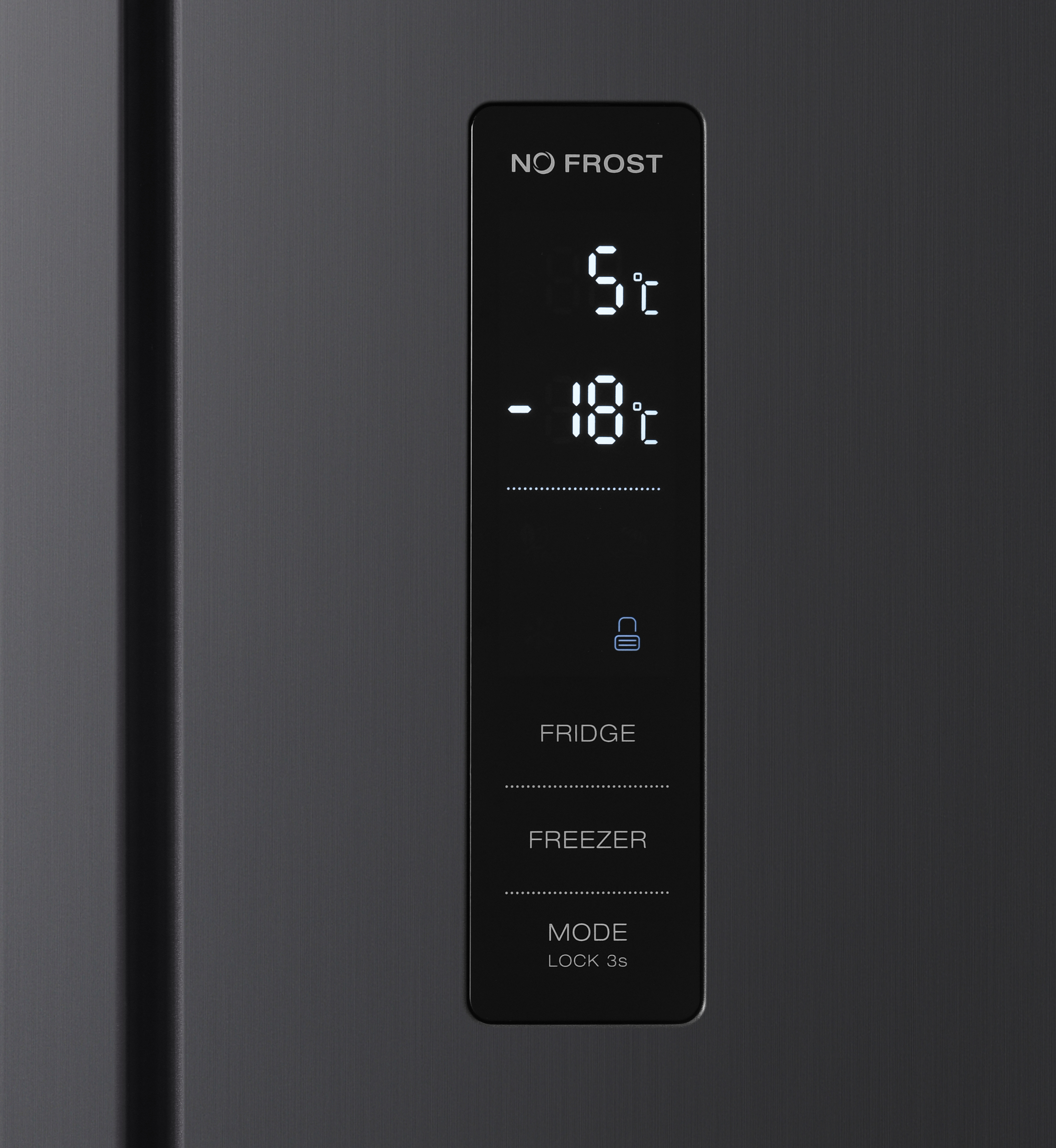 Black refrigerator control panel with digital display showing fridge and freezer temperatures.