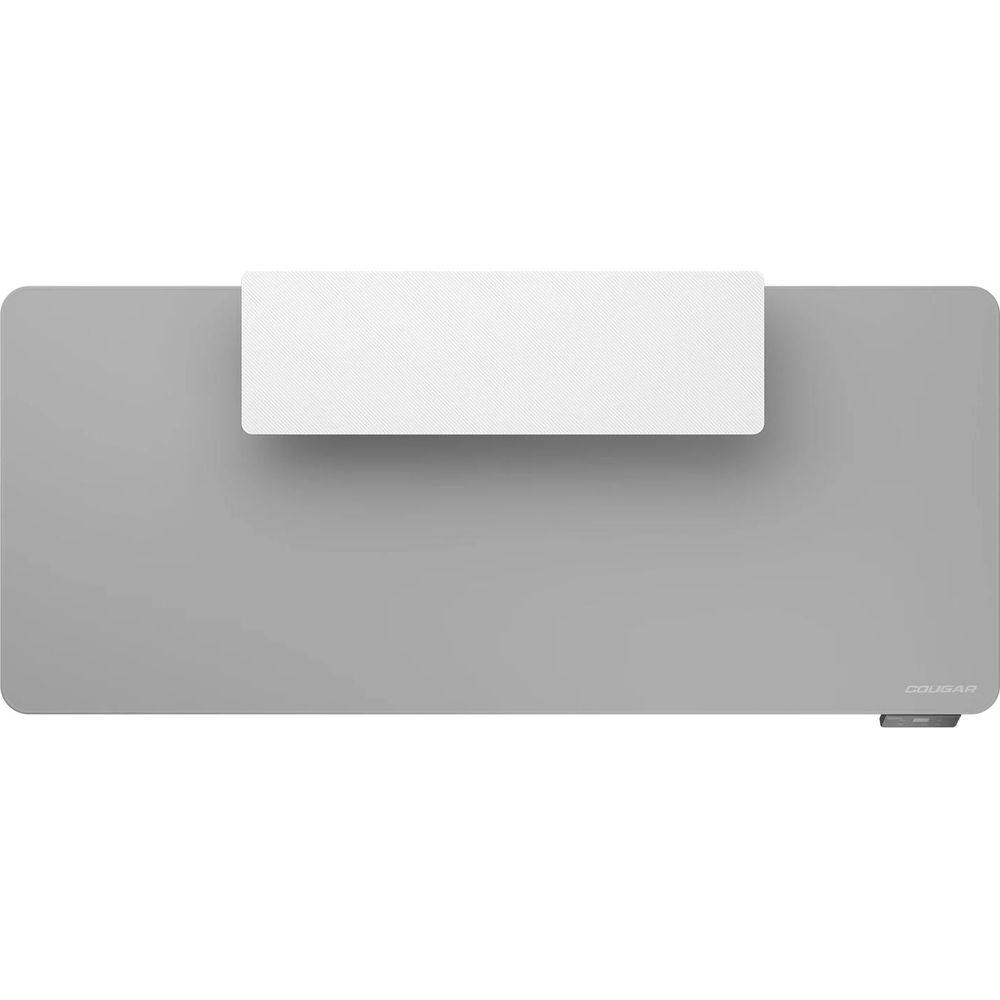 Ein minimalistischer hellgrauer Schreibtisch mit einem weißen rechteckigen Panel oben und einem Bedienfeld rechts.