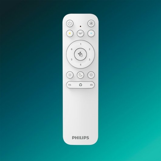 Eine weiße Philips-Fernbedienung mit runden Tasten auf einem blau-grünen Hintergrund.