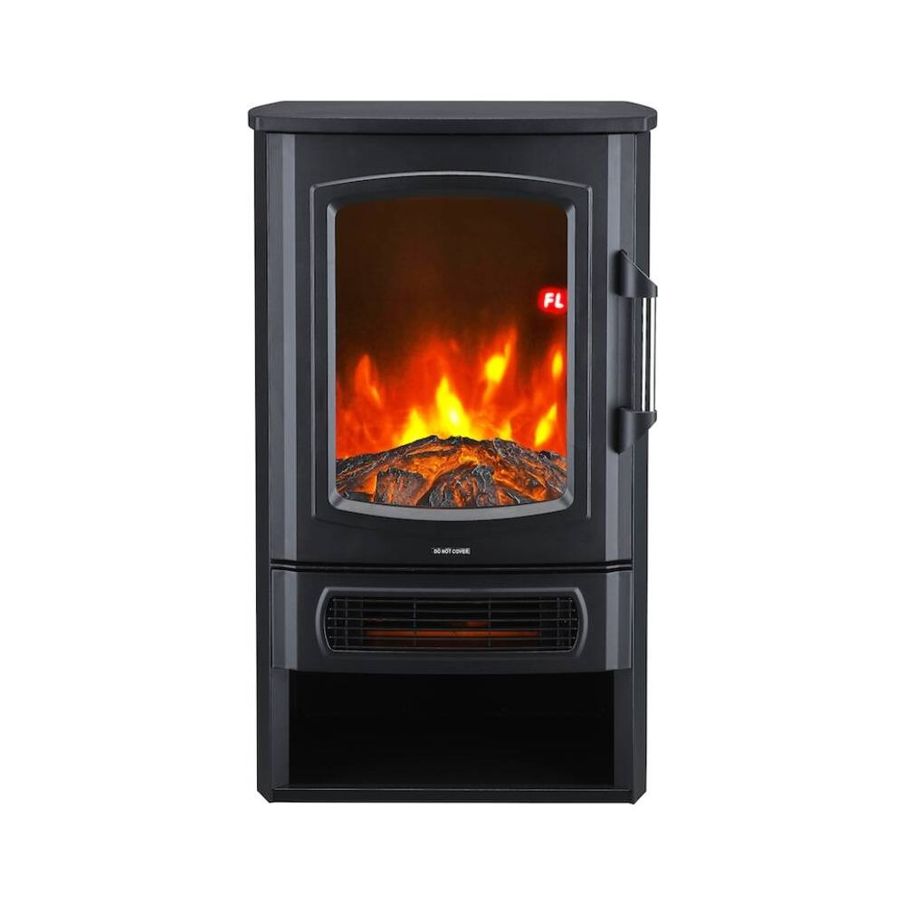Ein schwarzer Elektrokamin mit realistischen brennenden Holzscheiten, glühenden Flammen und Heizlüfter.