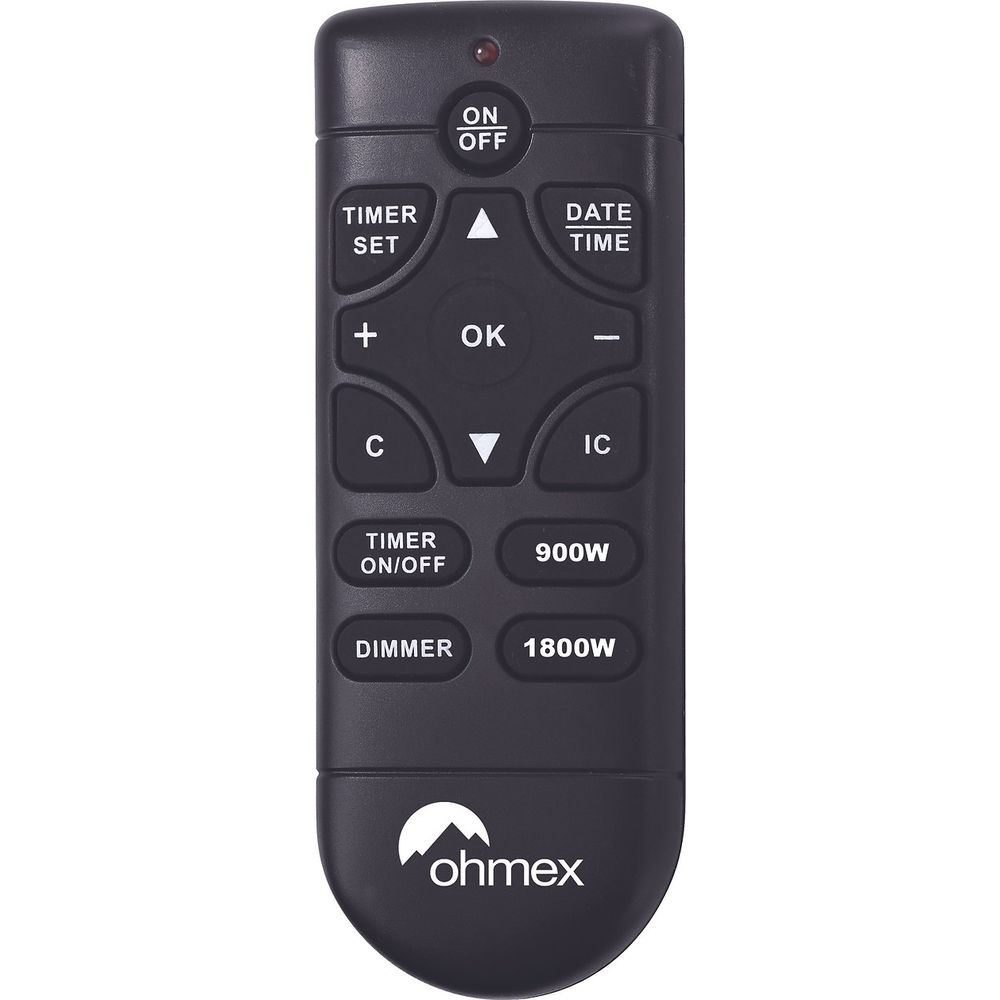 Eine schwarze Ohmex-Fernbedienung mit weißen Tasten für Timer, Leistung, Dimmer und Watt auf weißem Hintergrund.