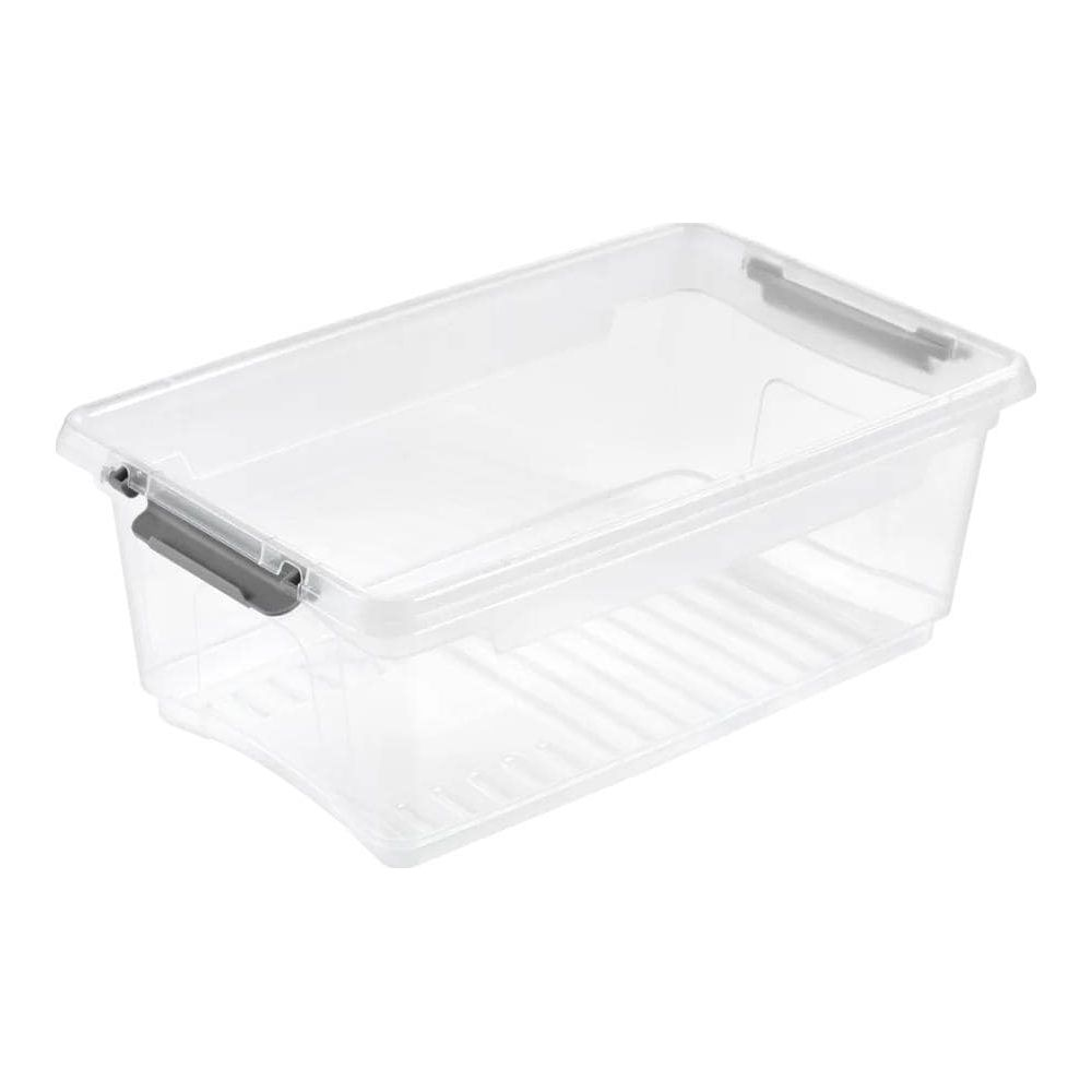 Eine transparente Plastikaufbewahrungsbox mit grauem Deckel und grauen Verschlüssen auf weißem Hintergrund.