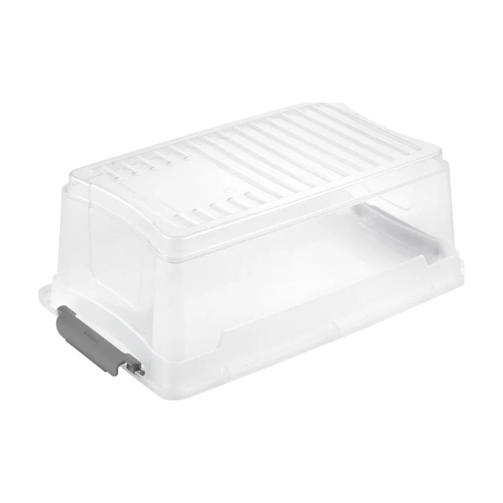 Transparente Plastikaufbewahrungsbox mit geripptem Deckel und grauen Clips auf weißem Hintergrund.