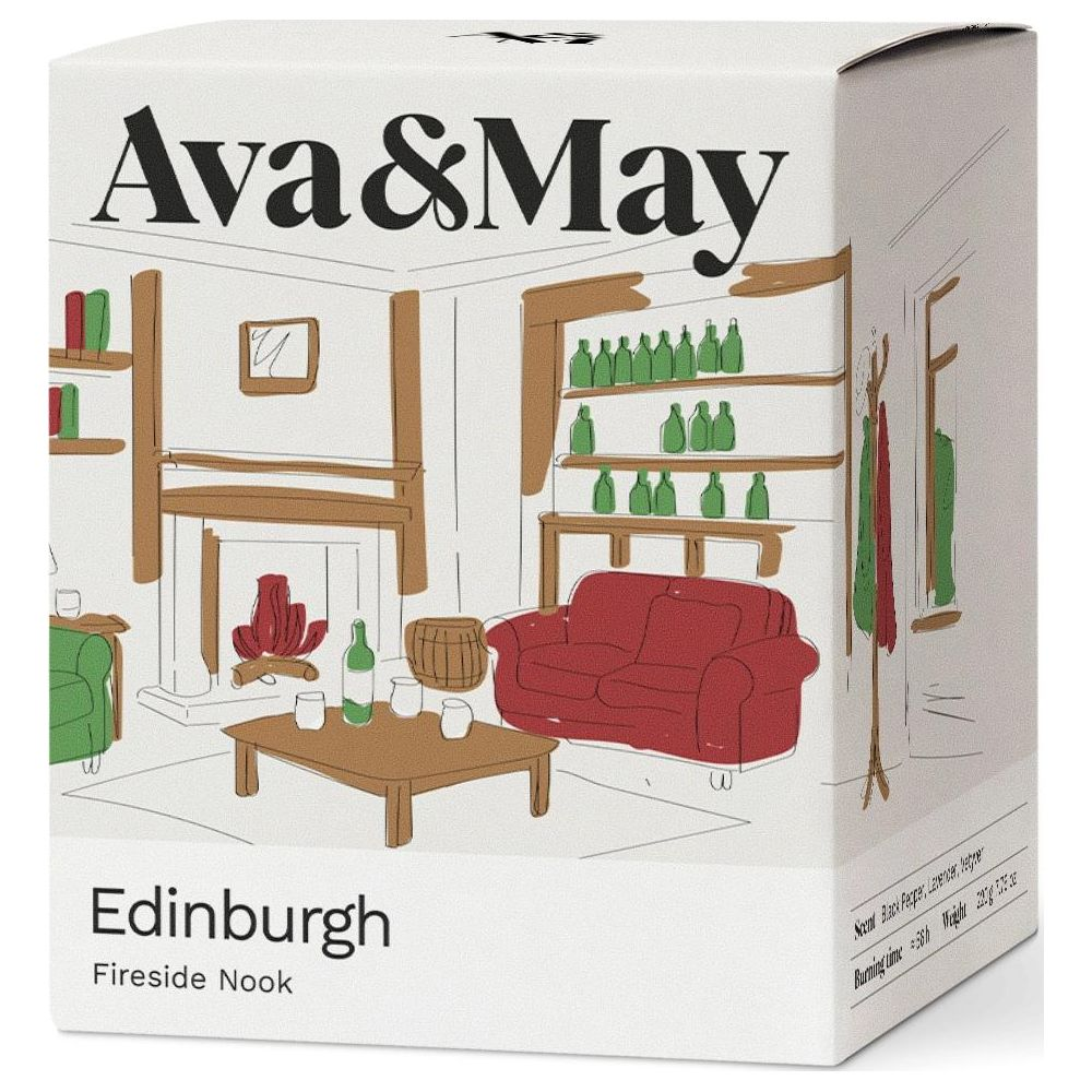 Scatola di candele Ava & May Edinburgh con disegno di salotto con camino.
