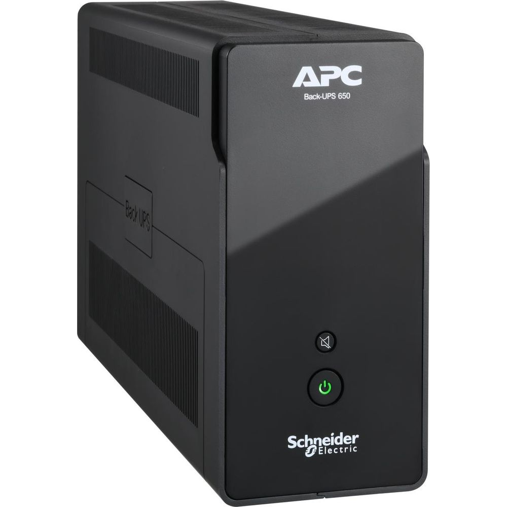 Eine schwarze APC Back-UPS 650 USV-Anlage steht auf einer weißen Oberfläche.