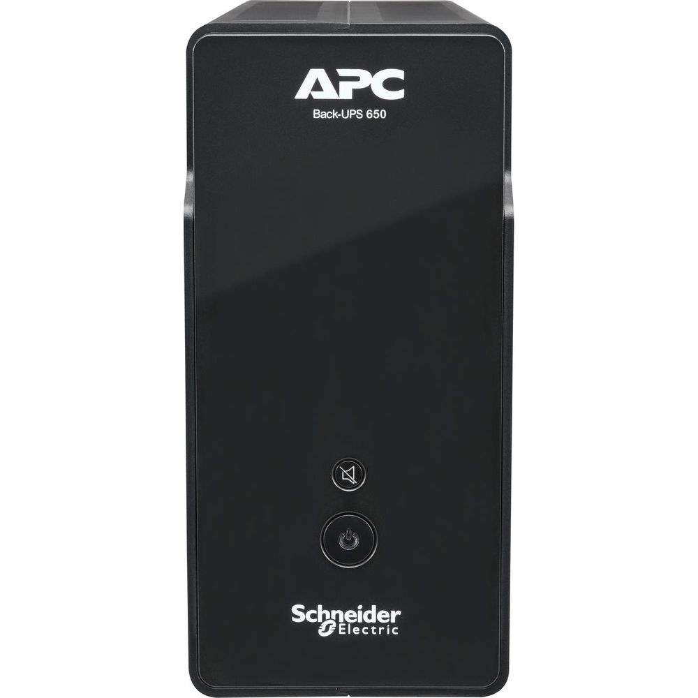Ein schwarzes APC Back-UPS 650 Gerät mit zwei Knöpfen und Schneider Electric Logo.