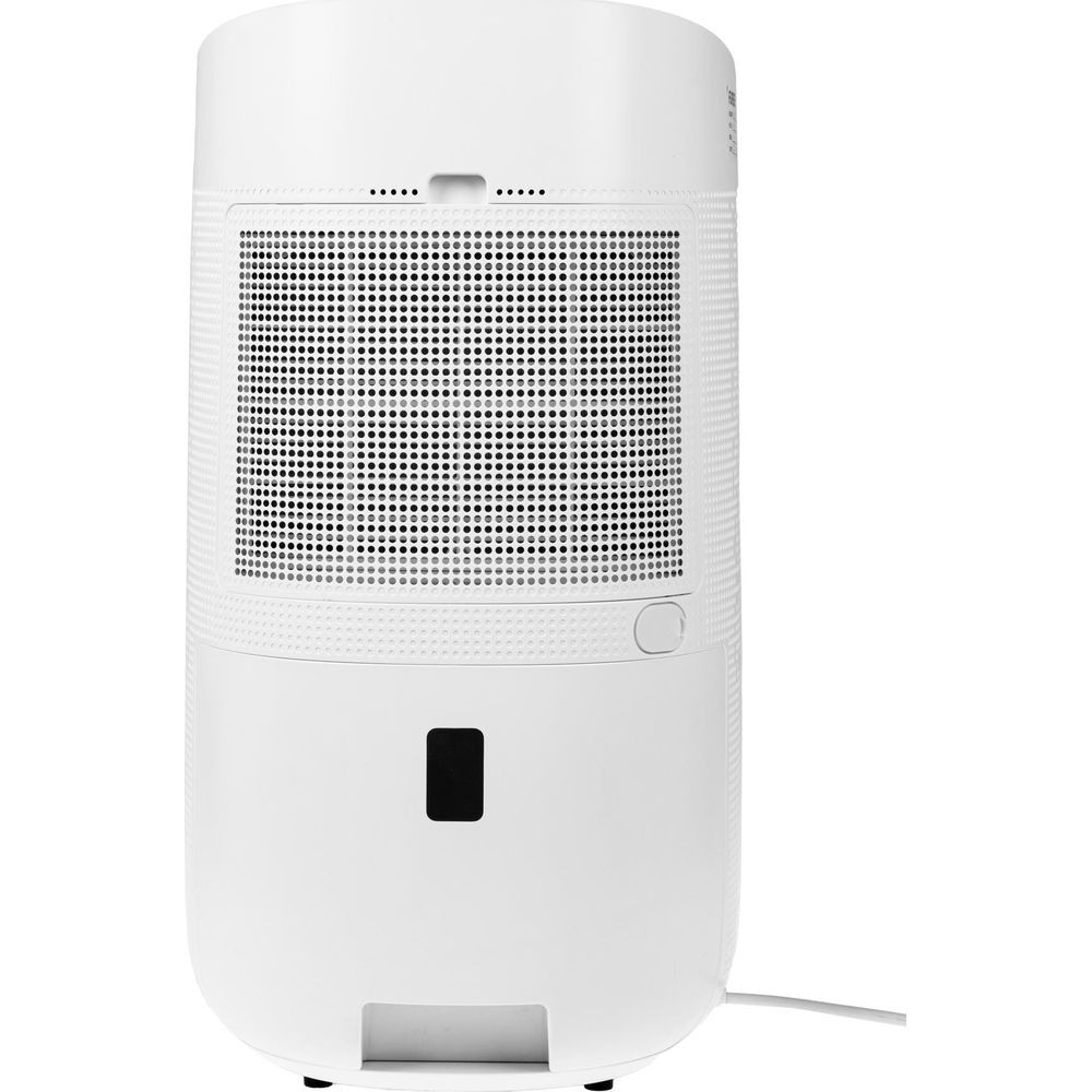Un deumidificatore bianco con griglia di ventilazione e display nero su sfondo bianco.