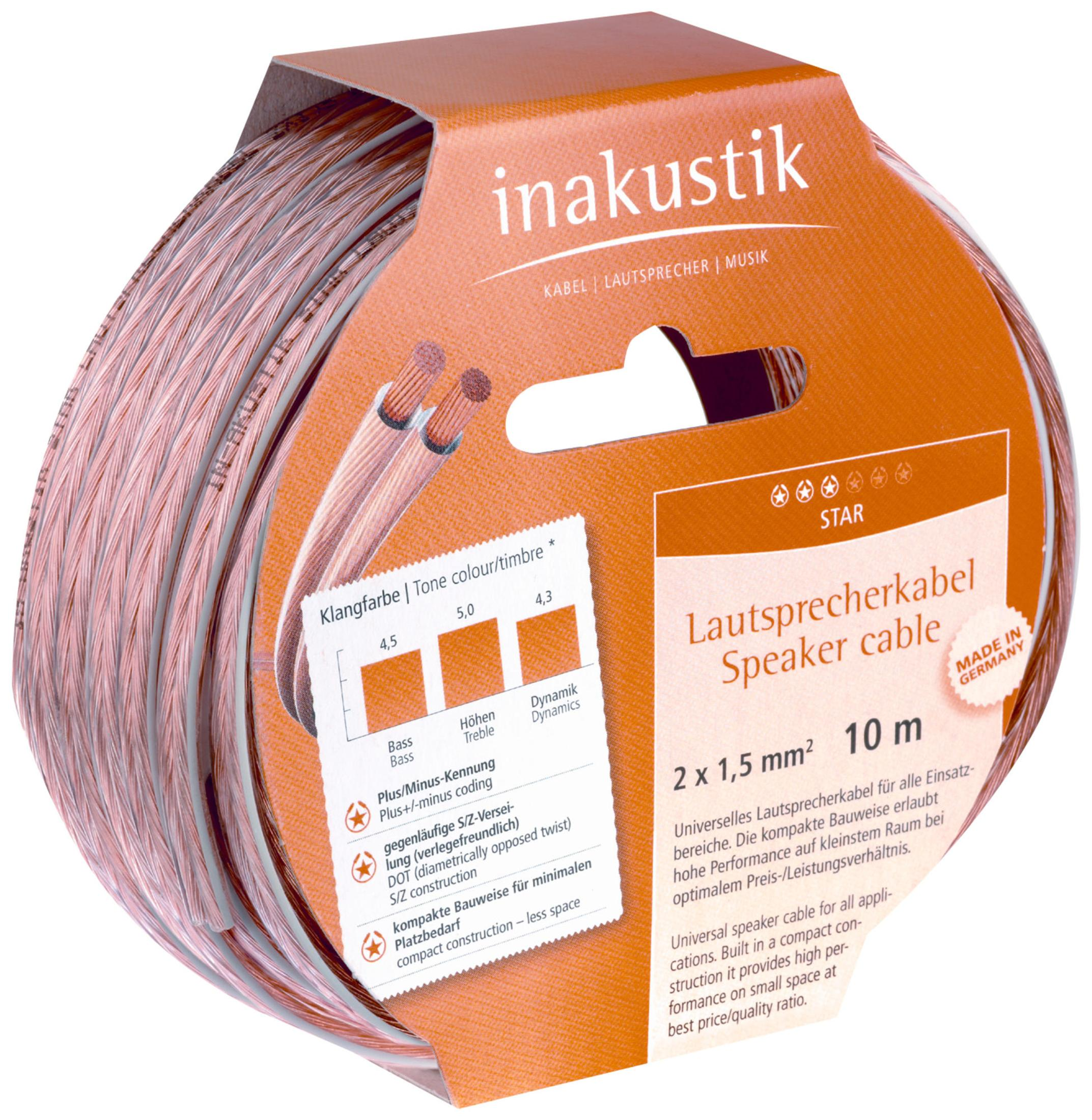 Eine Rolle inakustik Lautsprecherkabel, orange verpackt, 10 Meter lang, mit Pappetikett.