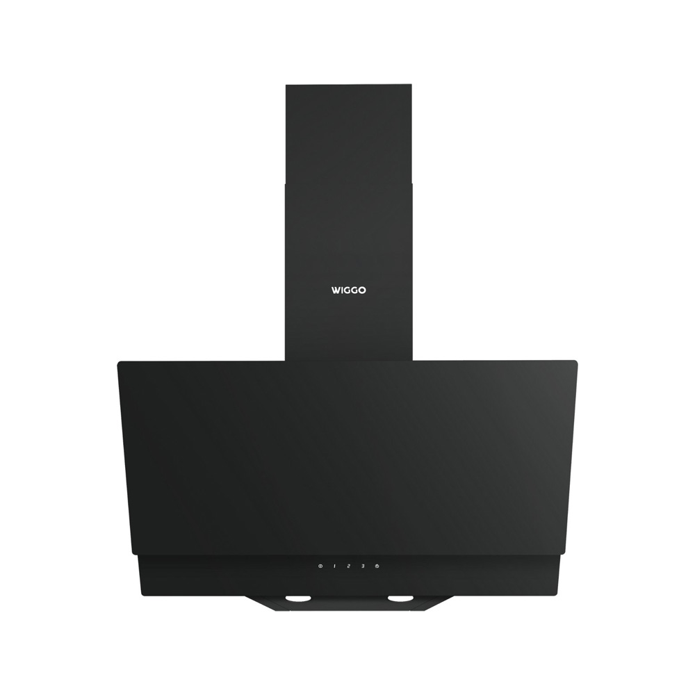 A matte black WIGGO cooker hood with a touch control panel and chimney against a white background.