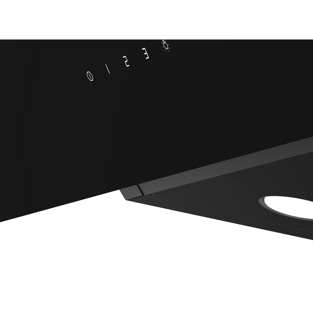 Black cooker hood with touch control panel and integrated light.