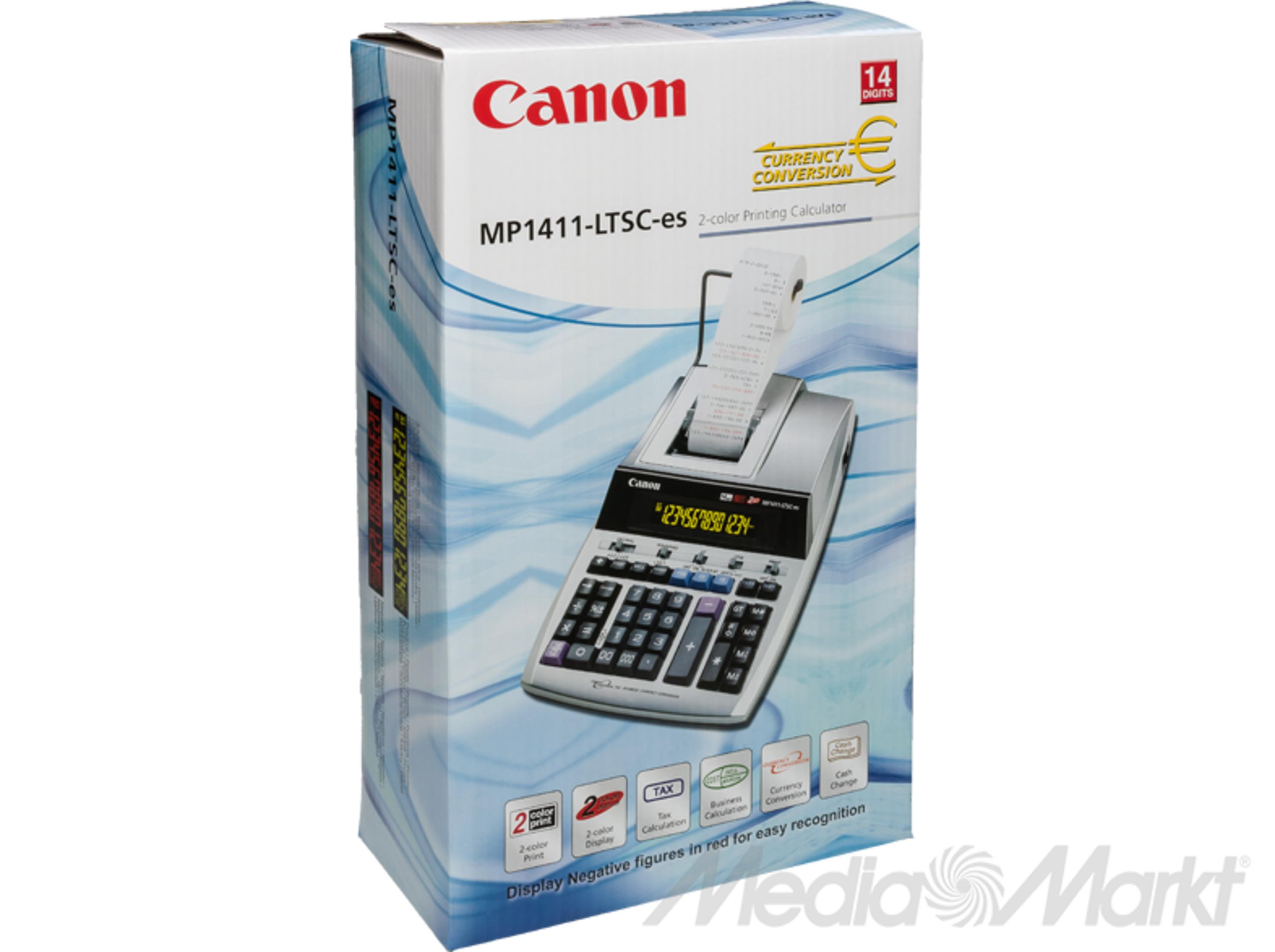 Caja de producto de una calculadora con impresora Canon MP1411-LTSC-es con fondo blanco y ondas azules.