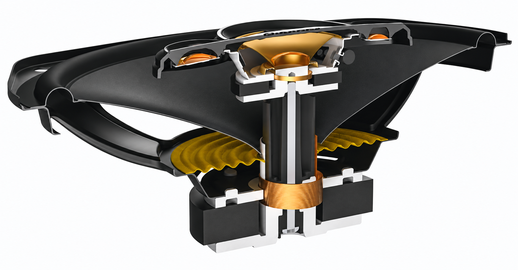 Querschnitt eines schwarzen Lautsprechers mit internen Komponenten wie Magnet, Schwingspule und goldenem Konus.